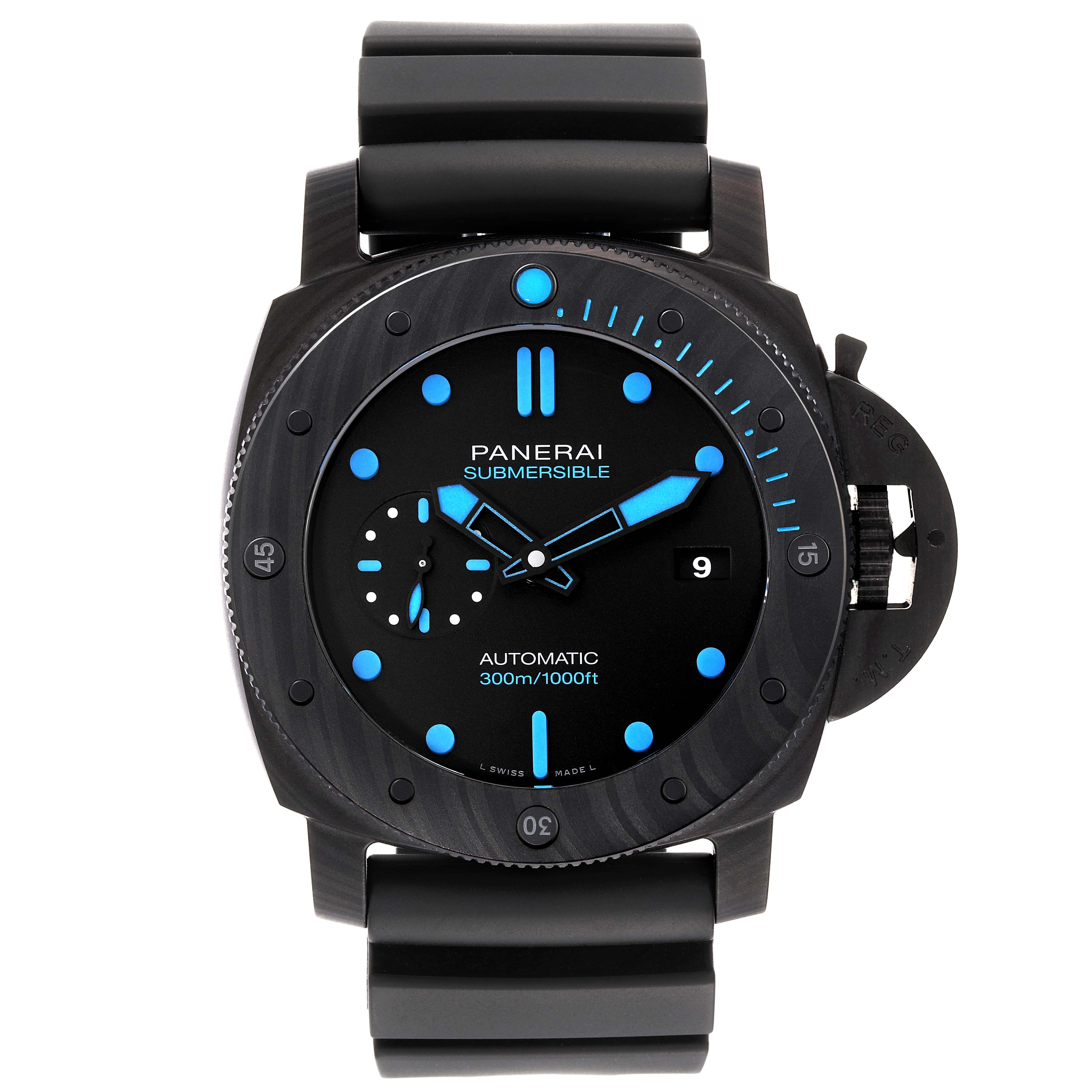 This image shows a frontal view of the Panerai Submersible PAM01616 Men's Ceramic Black Dial PAM01616 Men's Ceramic Black Dial watch, detailing the dial, bezel, and strap.