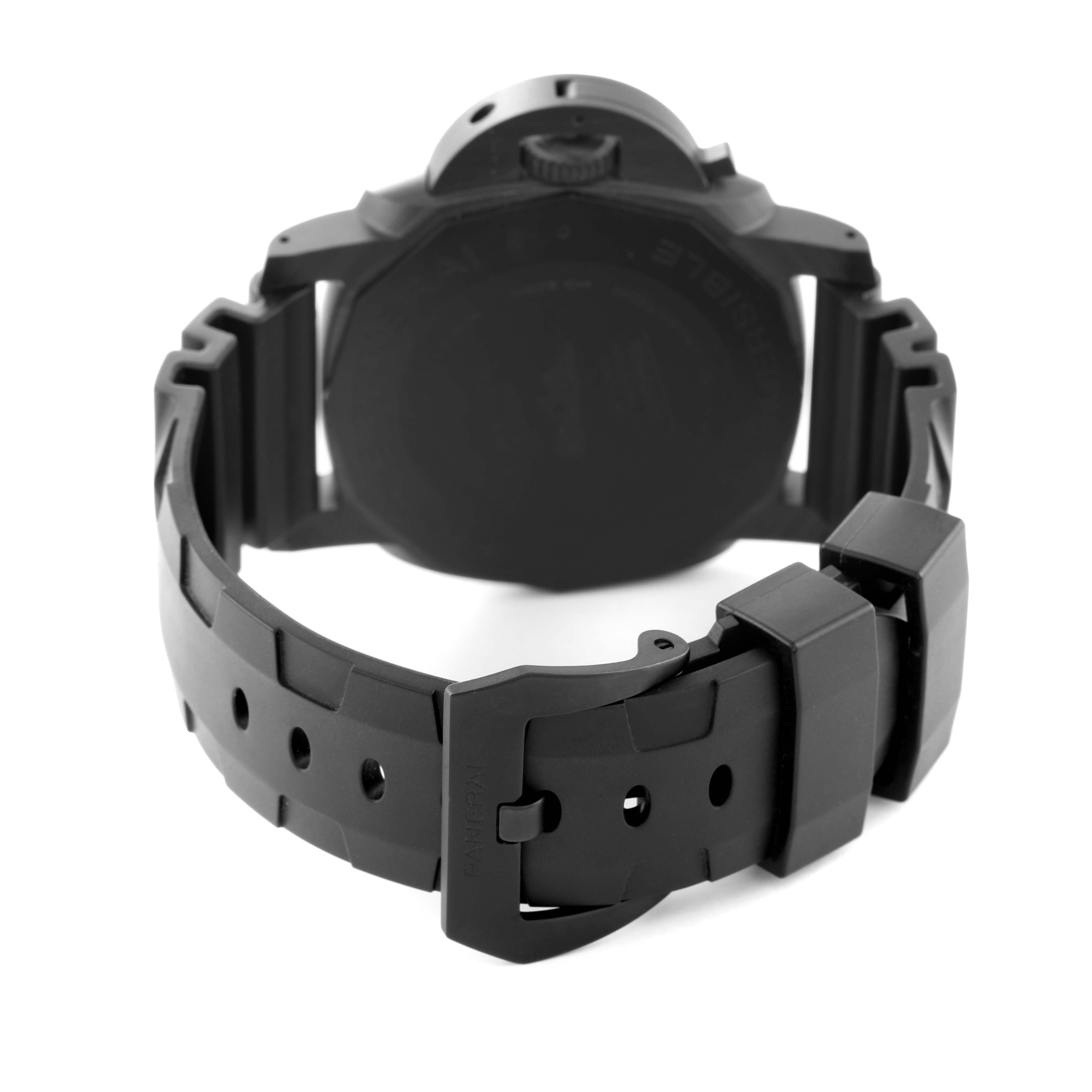 The image shows the back view of a Panerai Submersible PAM01616 Men's Ceramic Black Dial PAM01616 Men's Ceramic Black Dial watch, highlighting its rubber strap and buckle.