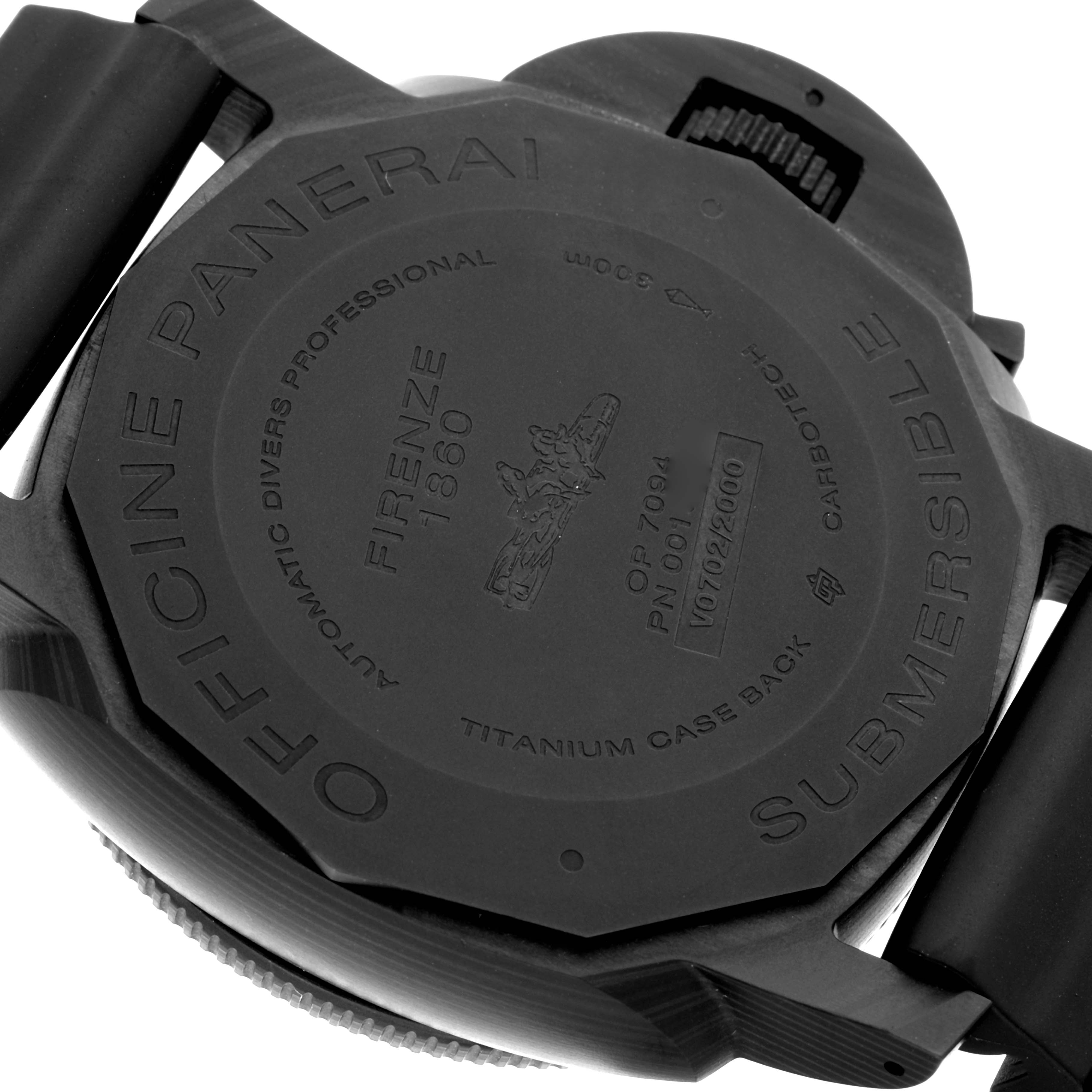 The image shows the case back of the Panerai Submersible PAM01616 Men's Ceramic Black Dial PAM01616 Men's Ceramic Black Dial watch, featuring engraved details and a strap attachment.