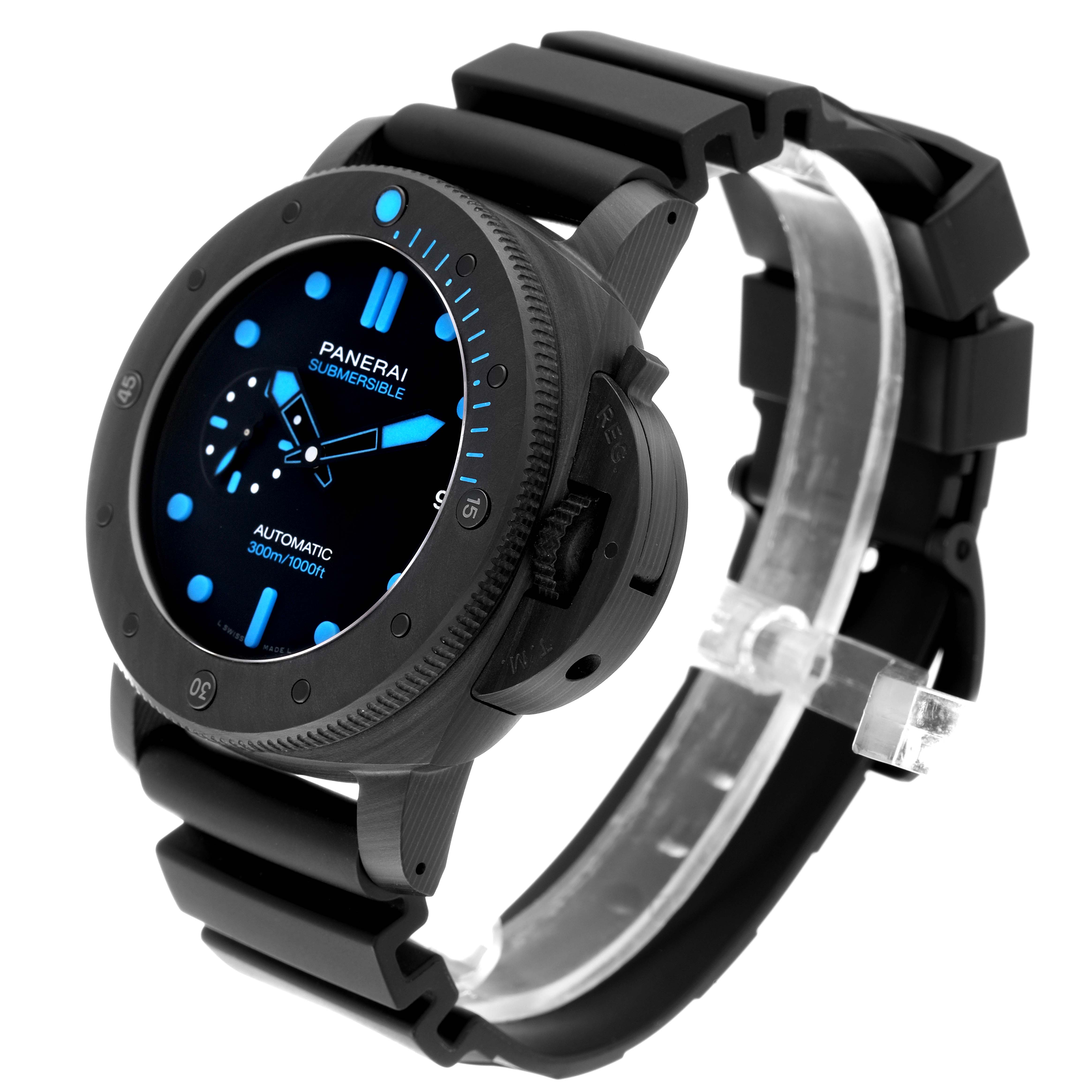 The image shows a Panerai Submersible PAM01616 Men's Ceramic Black Dial PAM01616 Men's Ceramic Black Dial watch from a three-quarter angle, highlighting its black bezel, dial, and strap.