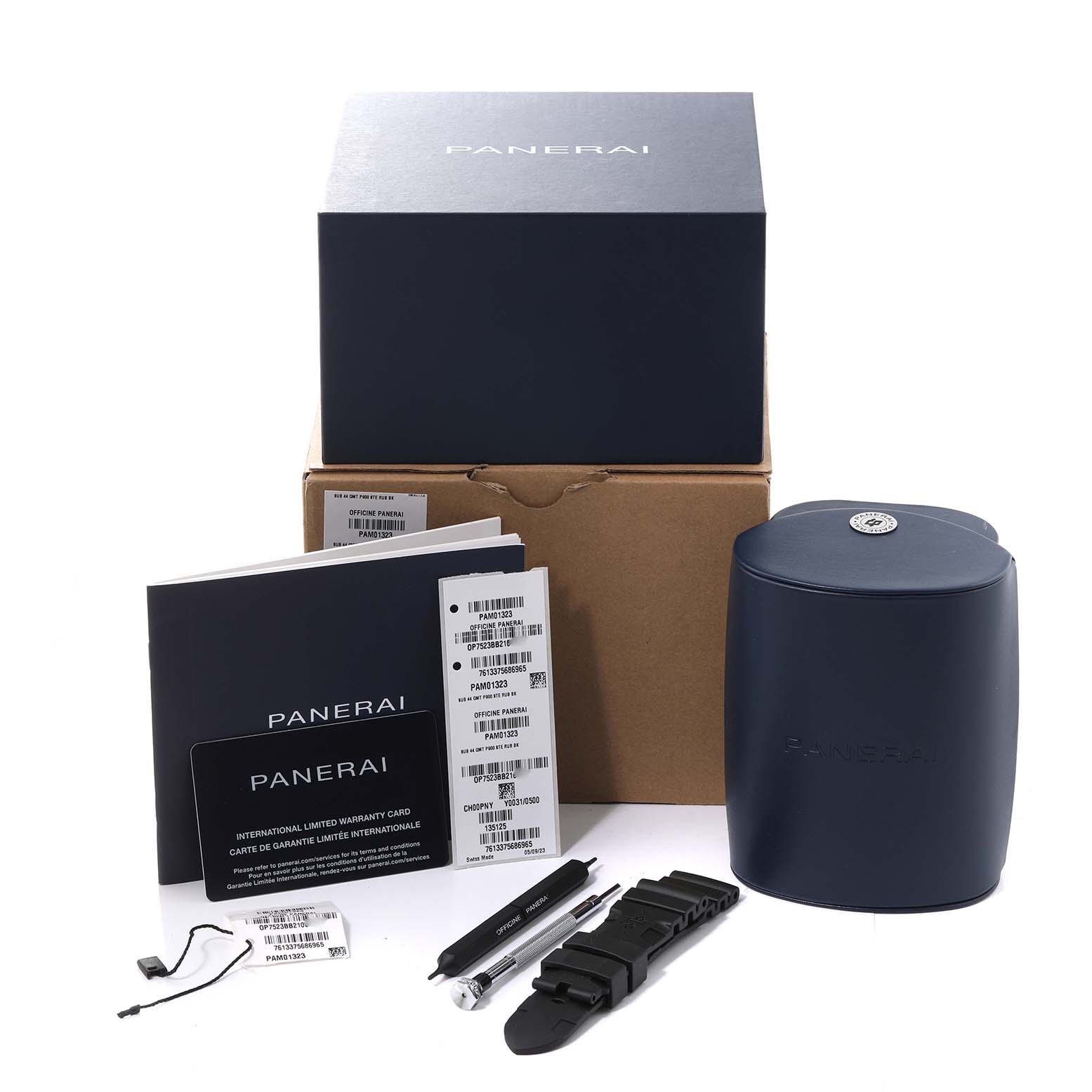 The image shows a Panerai Submersible PAM01324 Men's Stainless Steel Grey Dial PAM01324 Men's Stainless Steel Grey Dial watch box, warranty card, strap, tools, and documentation from a front angle.