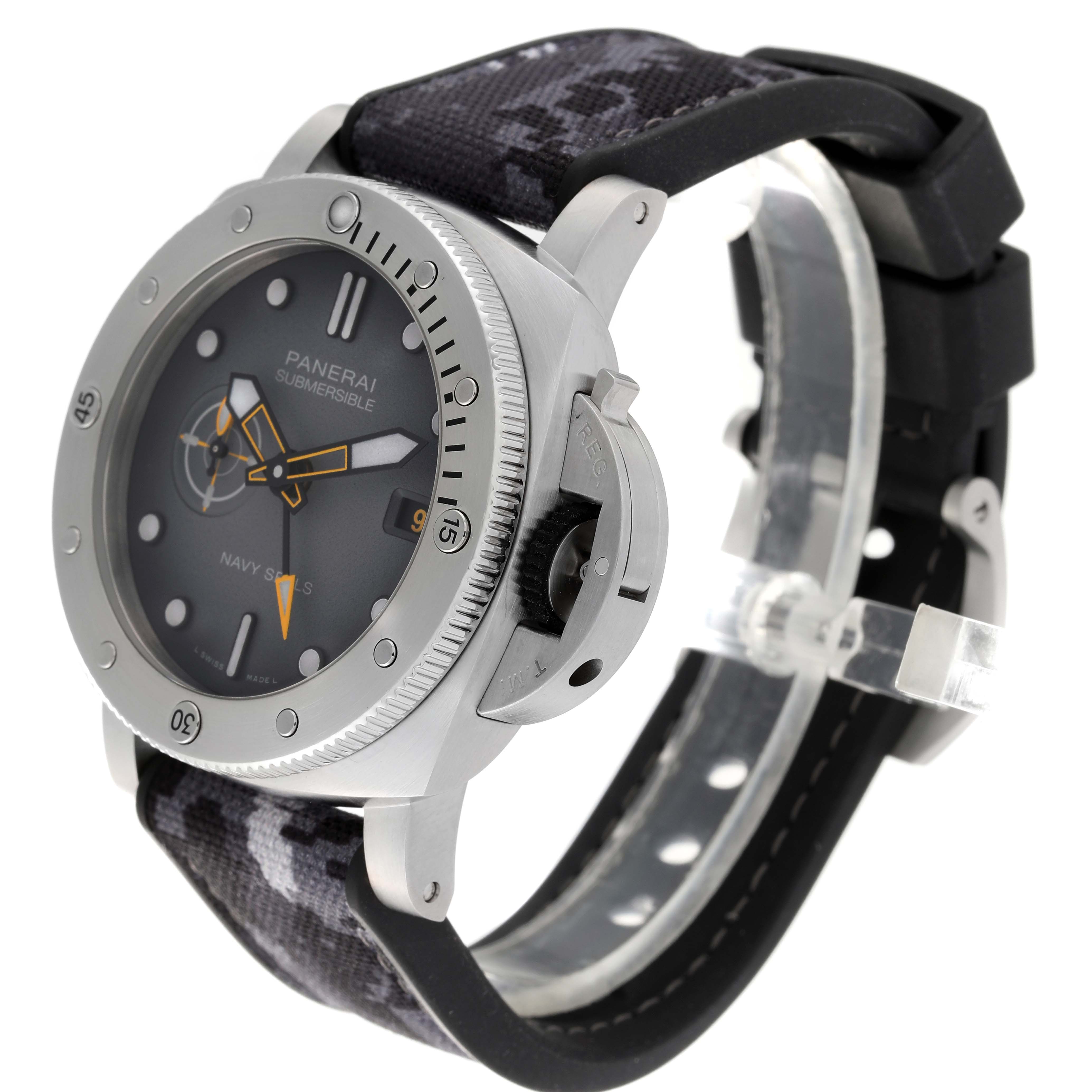 This Panerai Submersible PAM01324 Men's Stainless Steel Grey Dial PAM01324 Men's Stainless Steel Grey Dial watch is shown at a slight angle highlighting the bezel, dial, case, and strap.