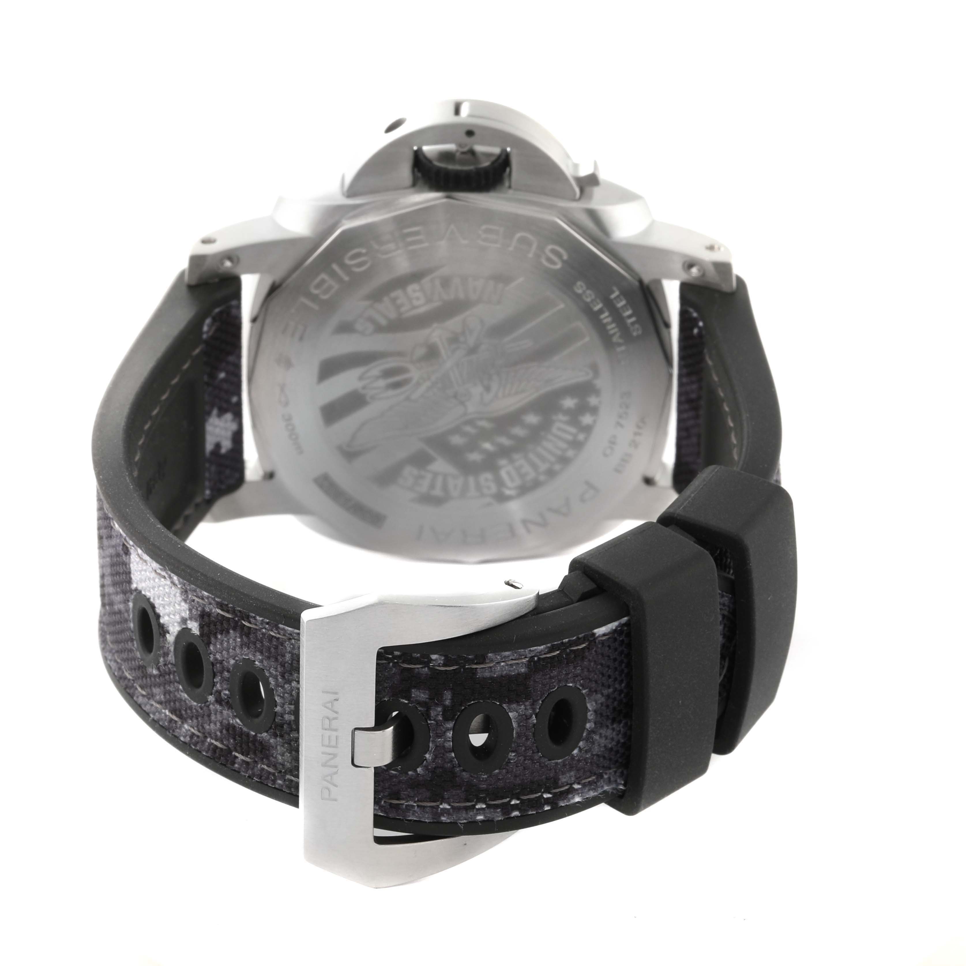 The image shows the back view of a Panerai Submersible PAM01324 Men's Stainless Steel Grey Dial PAM01324 Men's Stainless Steel Grey Dial watch, focusing on the case back and camo-patterned strap with a metal buckle.