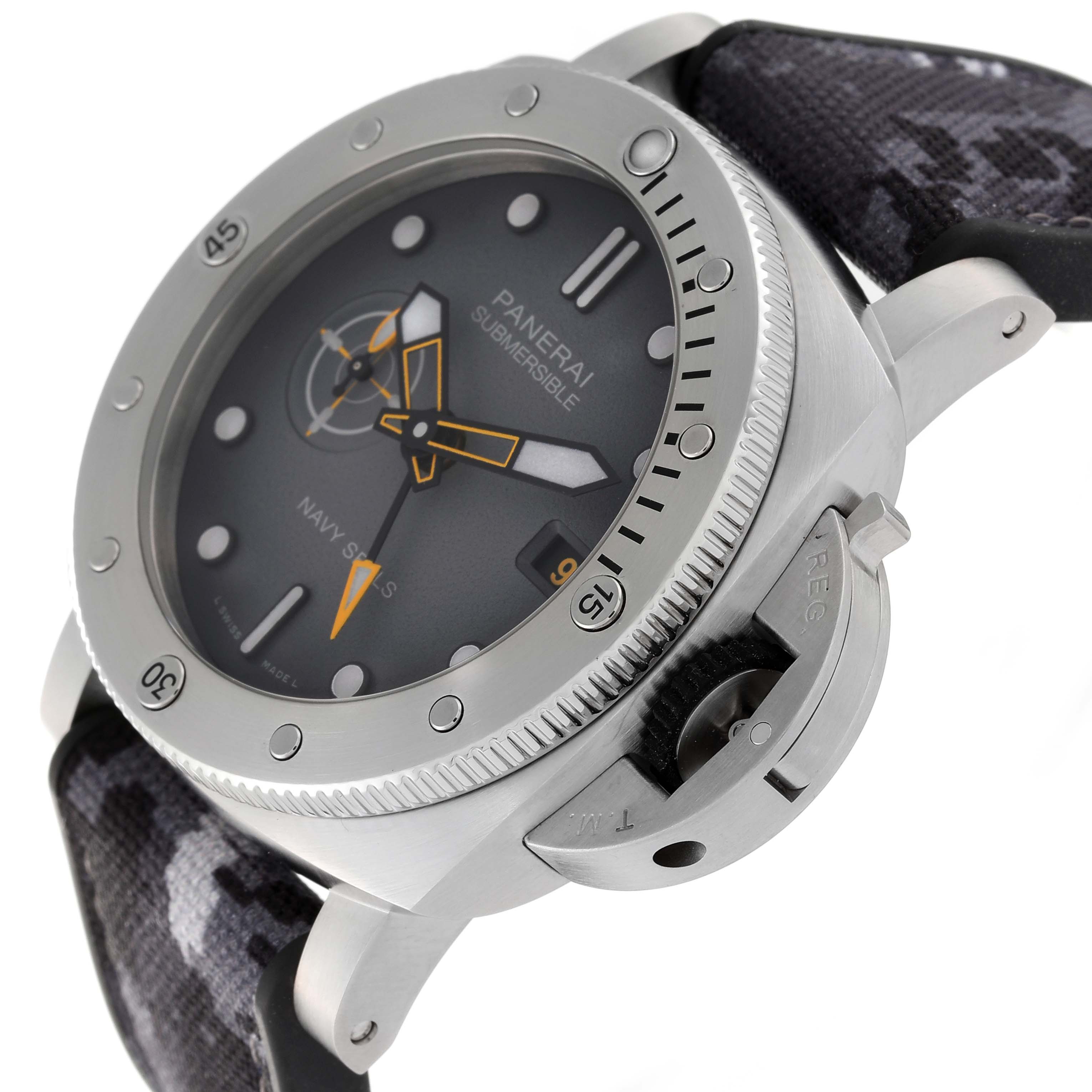 The image shows a side angle of the Panerai Submersible PAM01324 Men's Stainless Steel Grey Dial PAM01324 Men's Stainless Steel Grey Dial watch, highlighting the bezel, dial, and crown guard.