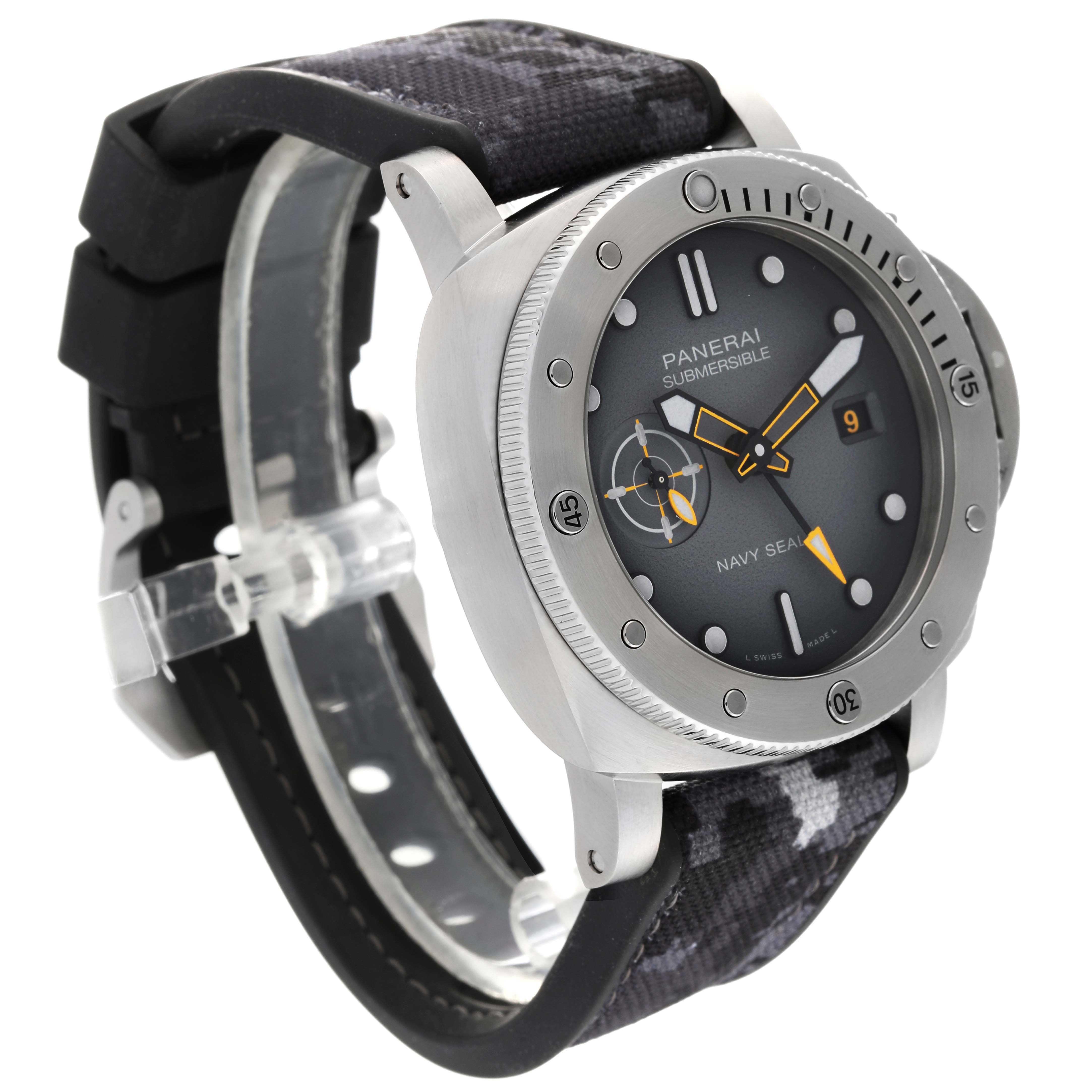 The image shows a Panerai Submersible PAM01324 Men's Stainless Steel Grey Dial PAM01324 Men's Stainless Steel Grey Dial watch angled from the front-left, highlighting its bezel, dial, and camo strap.