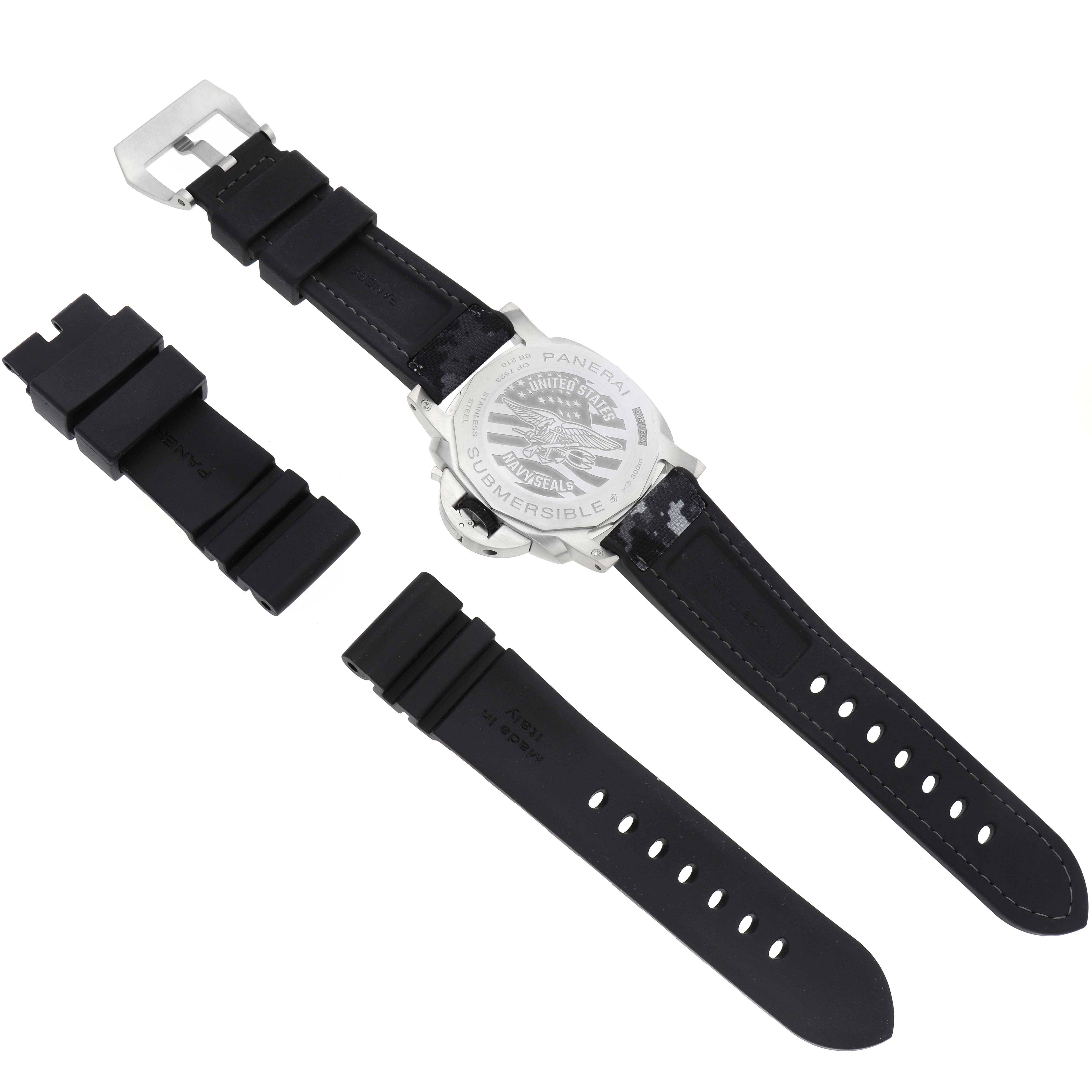 The image shows the back view of a Panerai Submersible PAM01324 Men's Stainless Steel Grey Dial PAM01324 Men's Stainless Steel Grey Dial watch and its additional straps.