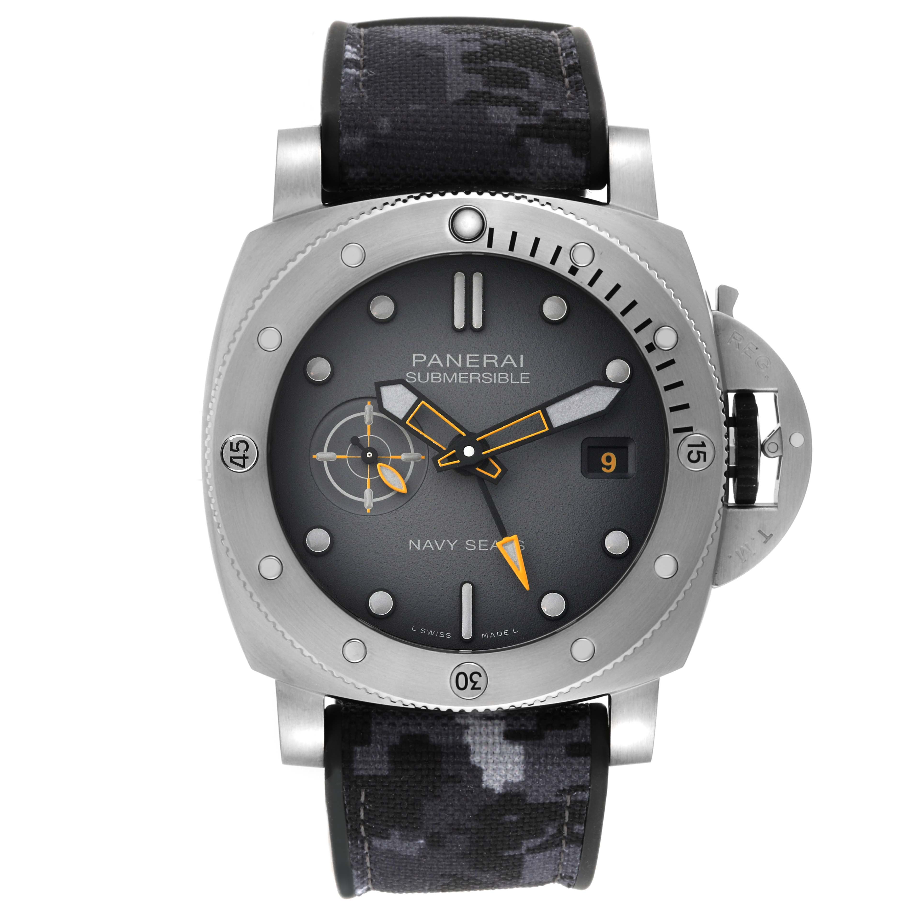 The image shows a front-facing view of a Panerai Submersible PAM01324 Men's Stainless Steel Grey Dial PAM01324 Men's Stainless Steel Grey Dial watch, highlighting its dial, bezel, and black strap.
