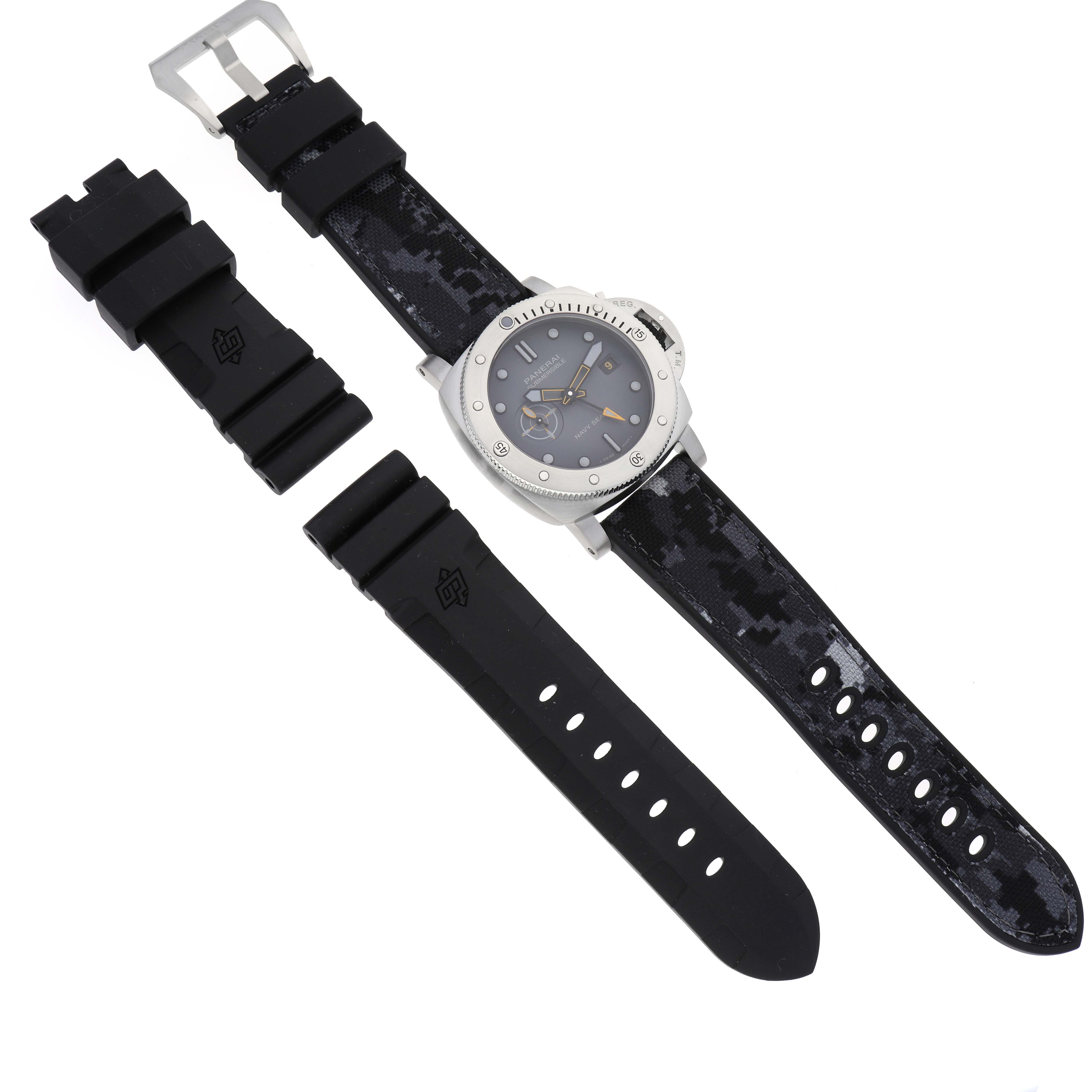 The image shows a Panerai Submersible PAM01324 Men's Stainless Steel Grey Dial PAM01324 Men's Stainless Steel Grey Dial watch with an additional black rubber strap laid flat.