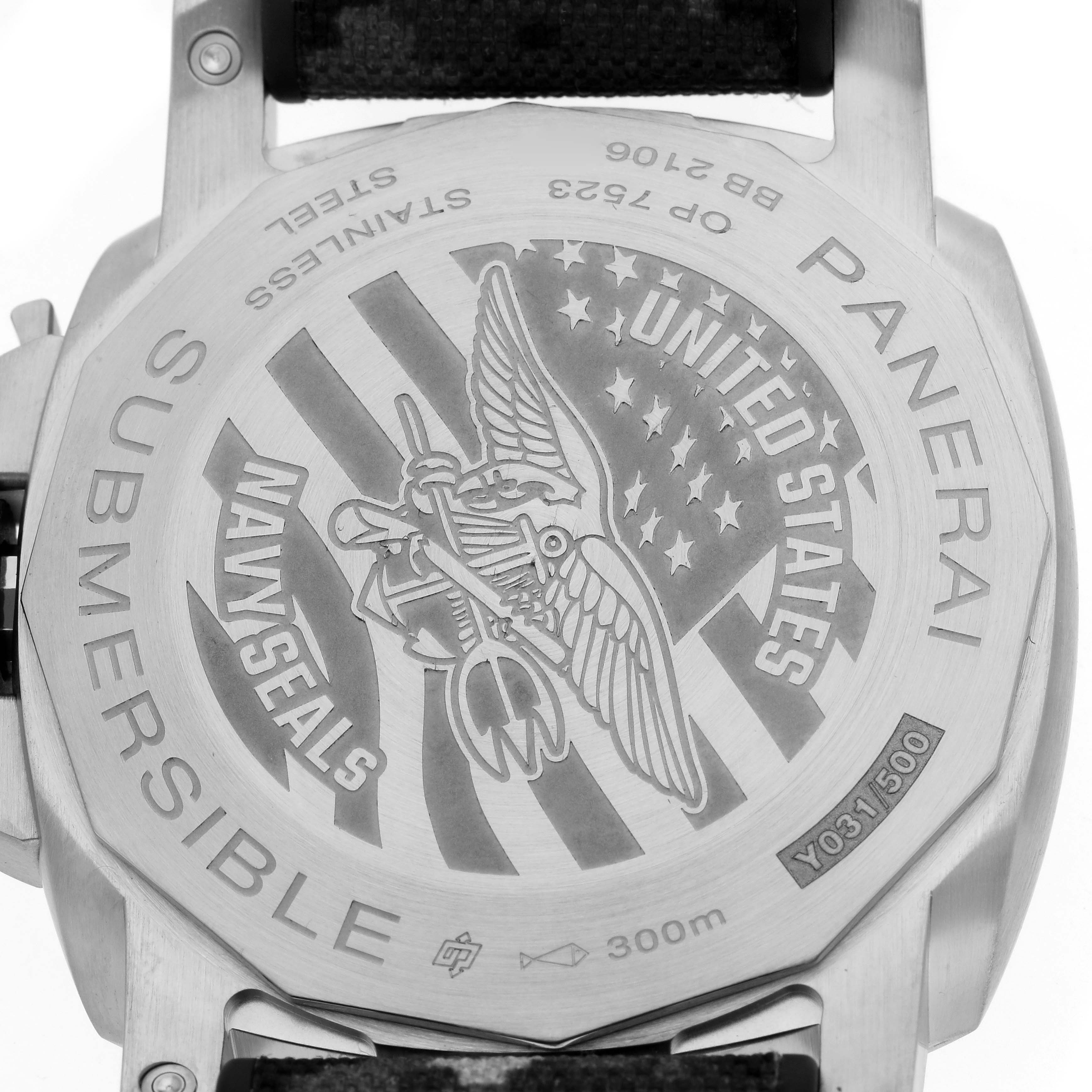 This image shows the engraved case back of a Panerai Submersible PAM01324 Men's Stainless Steel Grey Dial PAM01324 Men's Stainless Steel Grey Dial watch, highlighting Navy Seals and United States insignia.