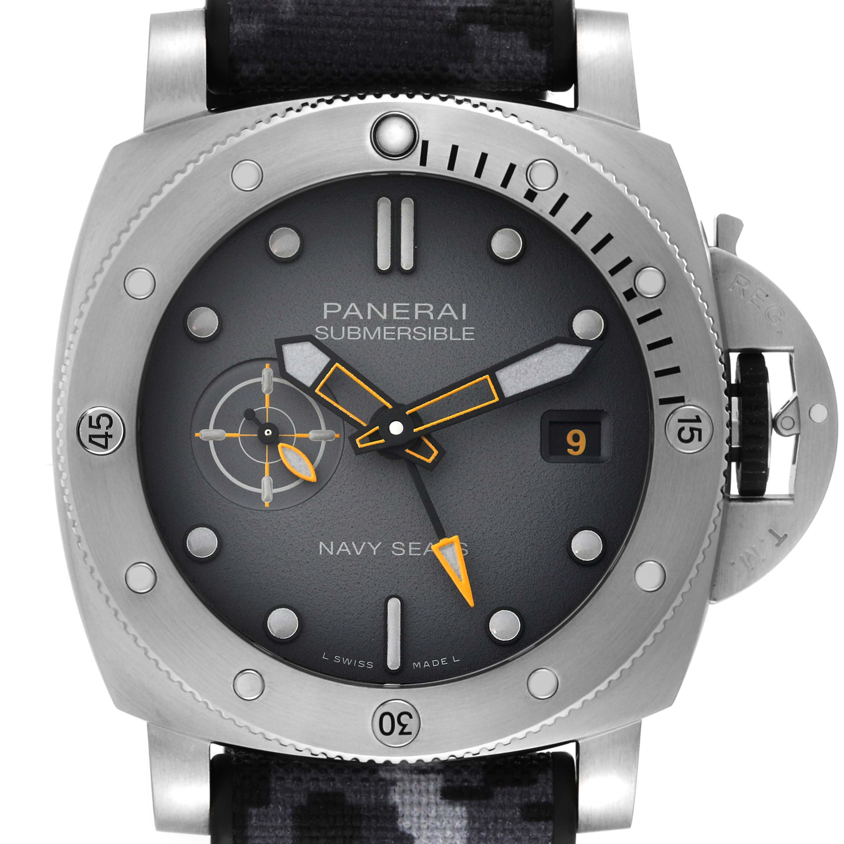 The image shows the face of a Panerai Submersible PAM01324 Men's Stainless Steel Grey Dial PAM01324 Men's Stainless Steel Grey Dial watch, including the case, bezel, dial, and part of the strap.