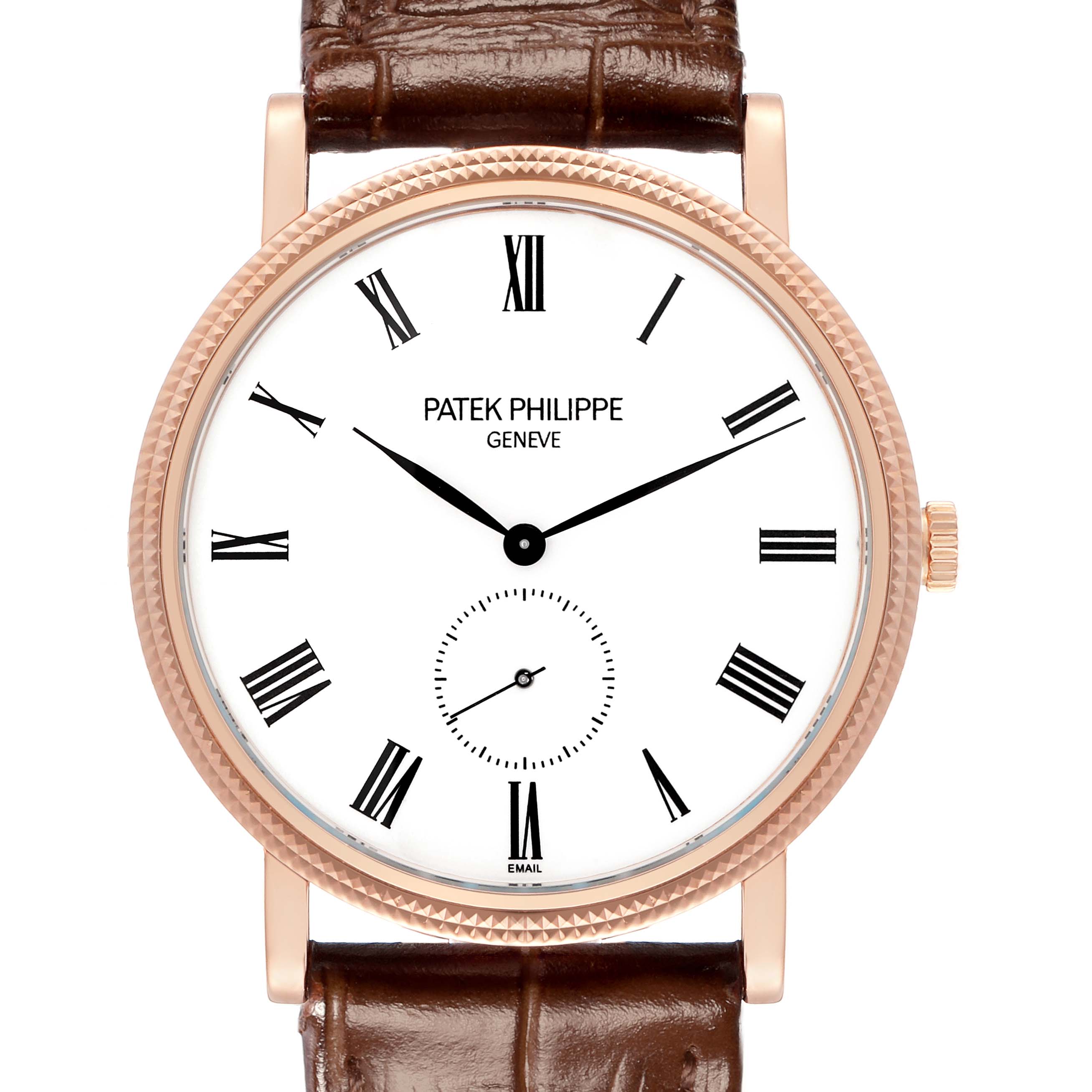 The Patek Philippe Calatrava 5116R watch is shown from the front, highlighting its Roman numeral dial, brown leather strap, and rose gold bezel.