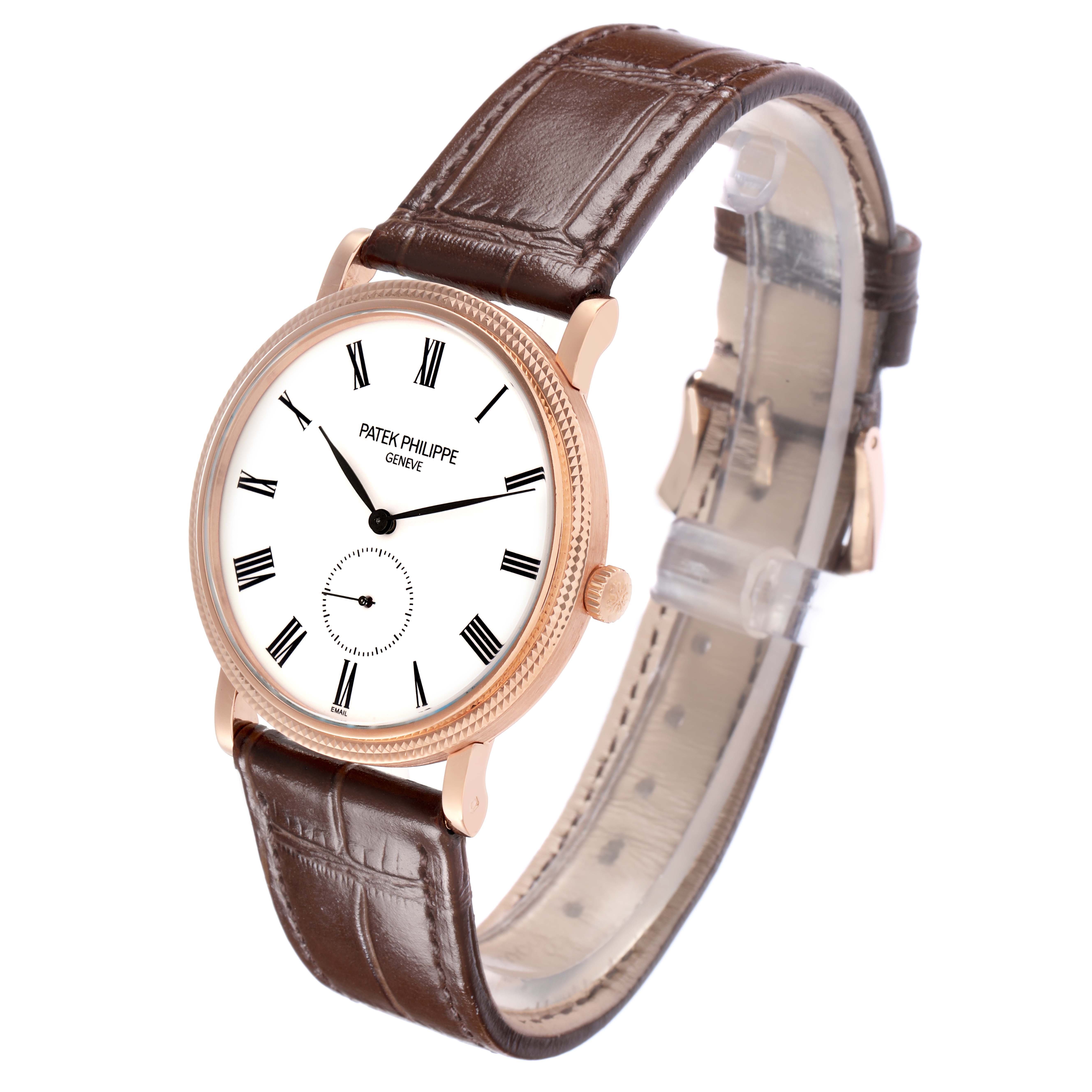 The image shows a Patek Philippe Calatrava 5116R men
s watch at a slight angle, highlighting the watch face, Roman numerals, brown leather strap, and gold case.