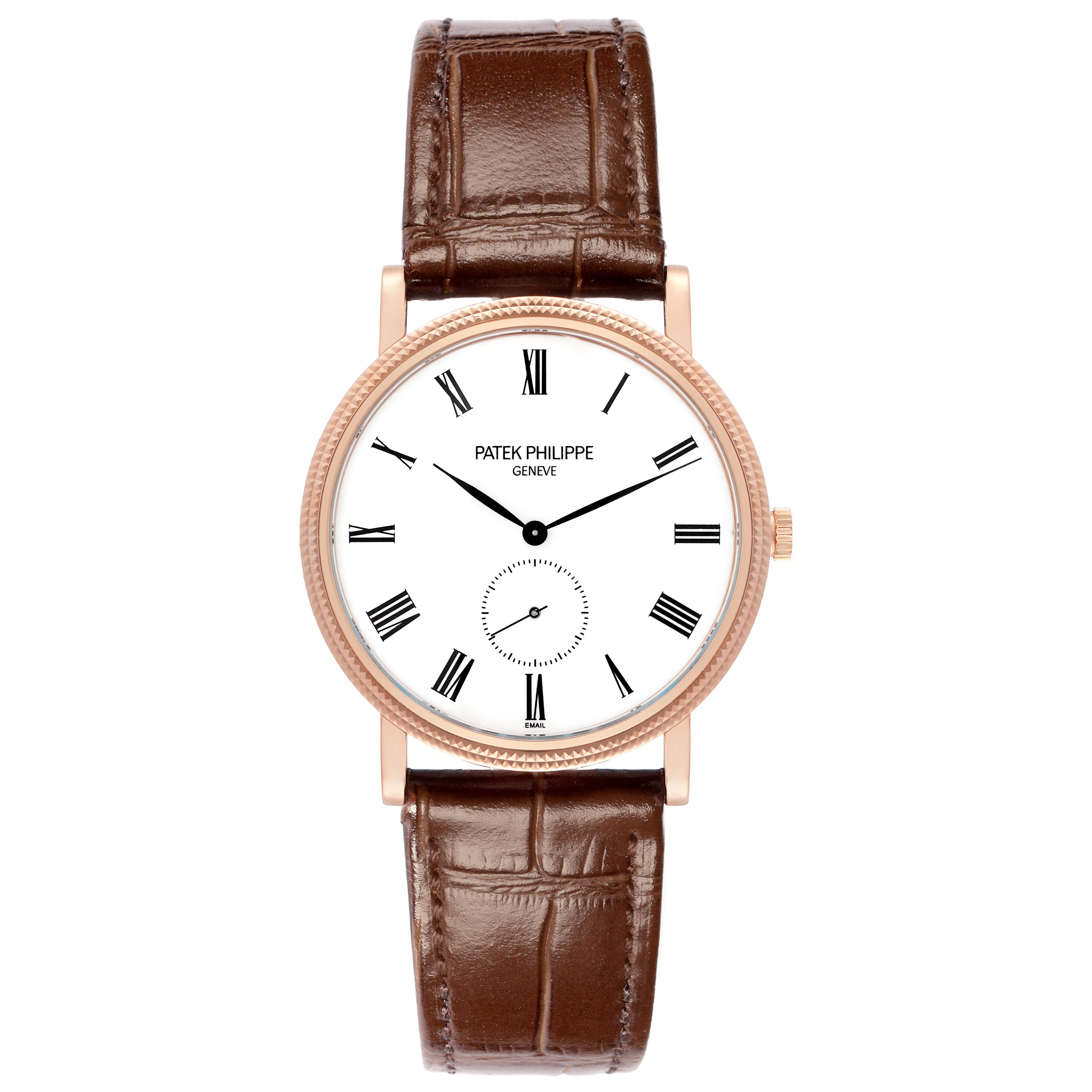 The image shows a front view of the Patek Philippe Calatrava model 5116R men
s watch, highlighting its white dial, Roman numerals, and brown leather strap.