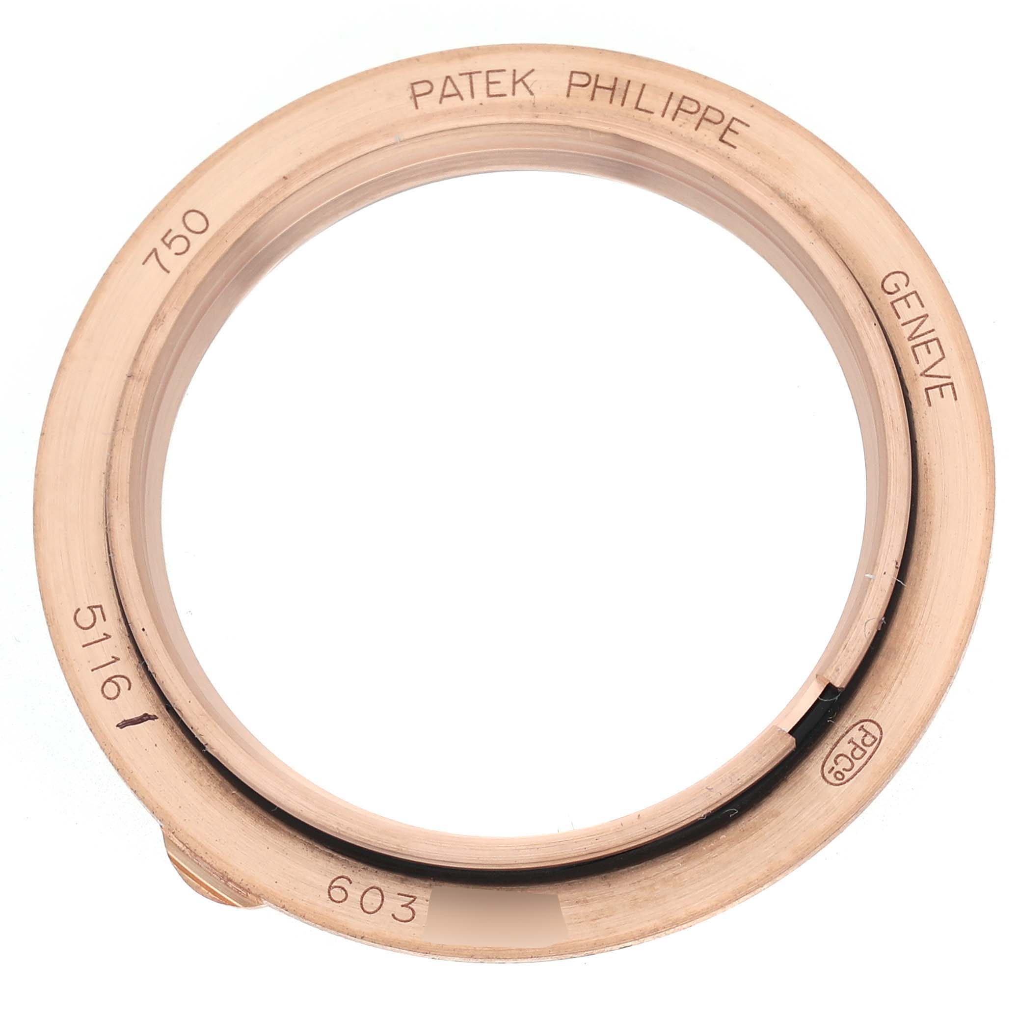 This image shows a bezel for the Patek Philippe Calatrava model 5116R watch, viewed from above, displaying engravings such as "Patek Philippe" and the model number.