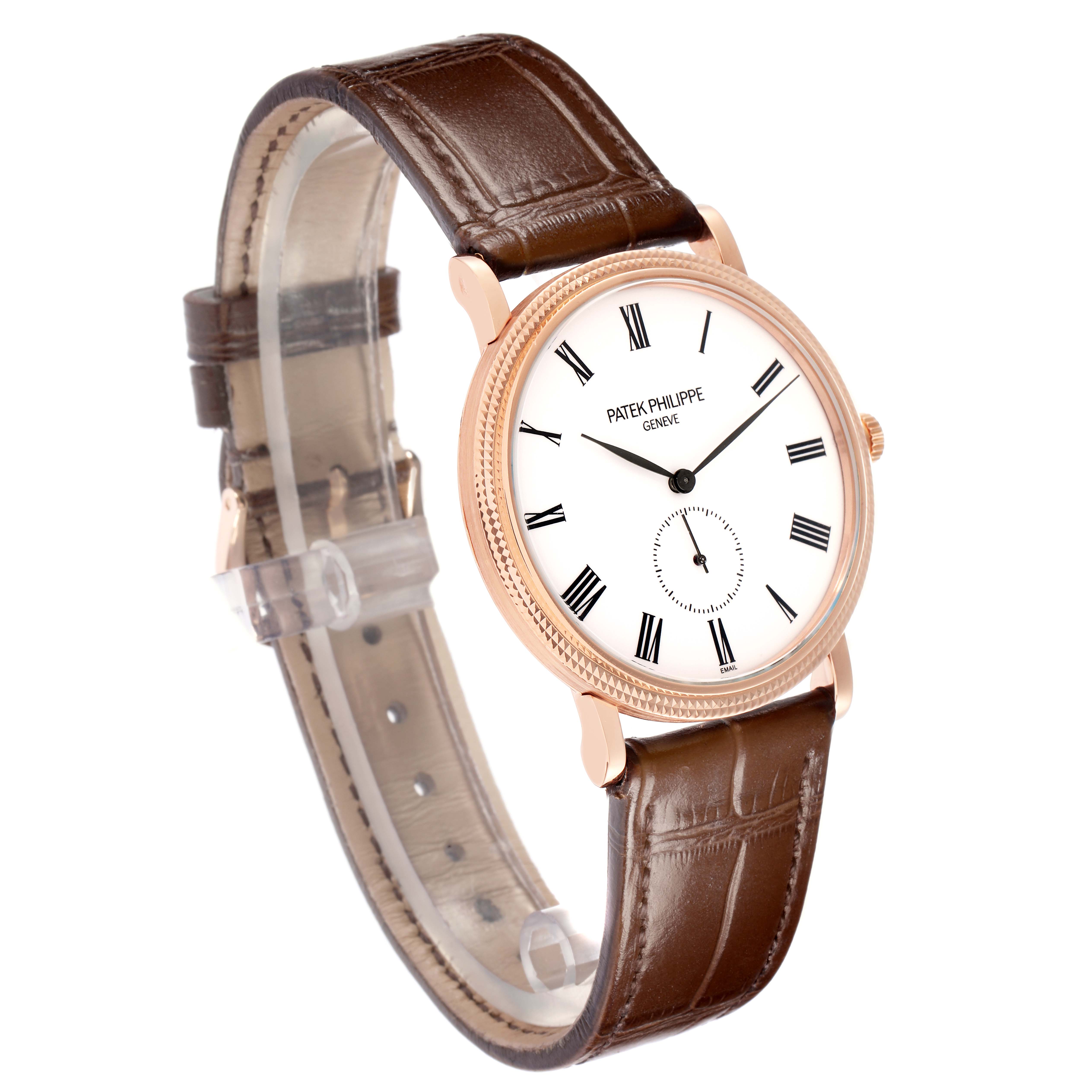 The Patek Philippe Calatrava model 5116R men
s watch is shown from a three-quarter angle, highlighting the dial, case, and leather strap.