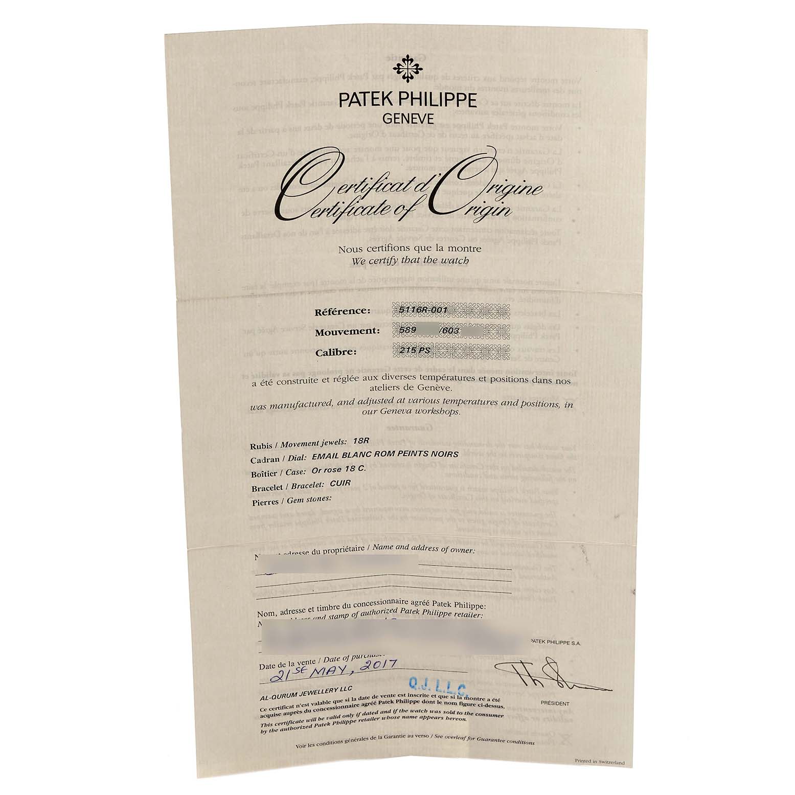 The image shows a Patek Philippe Certificate of Origin for the Calatrava model 5116R men
s watch.