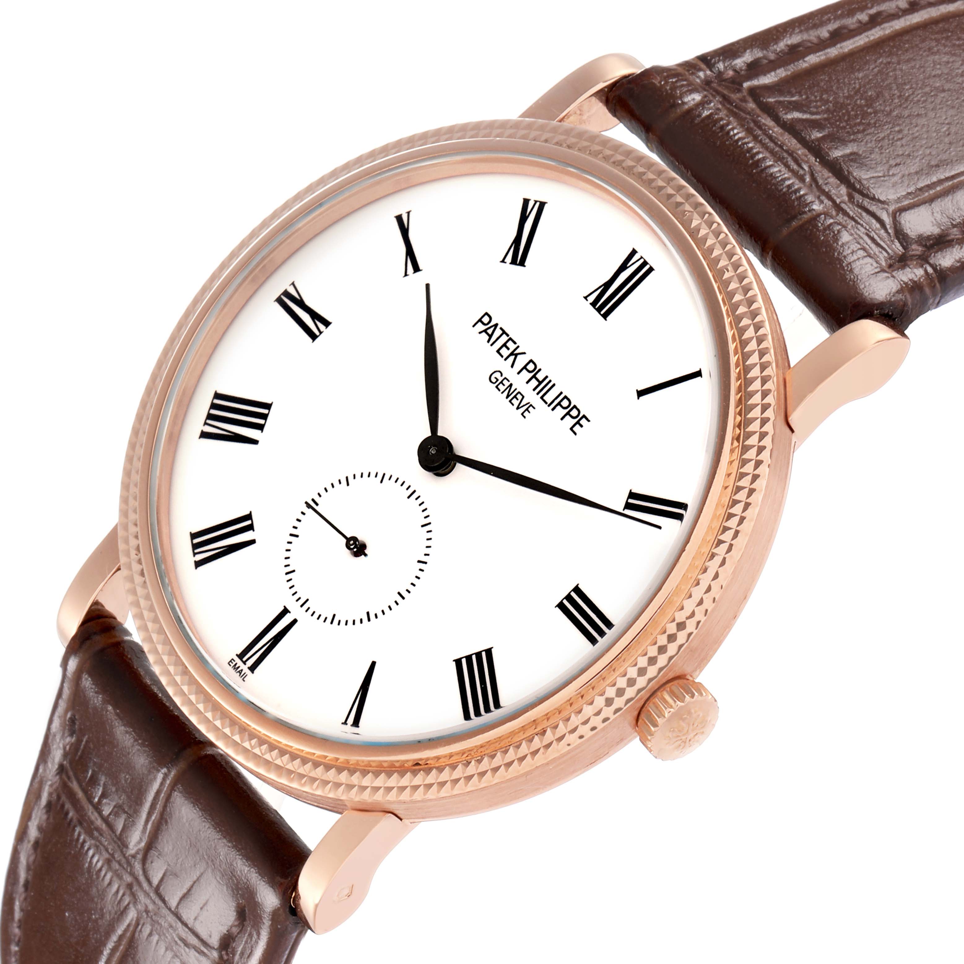 The image shows a Patek Philippe Calatrava 5116R men
s watch at an angled view, highlighting its dial, hands, Roman numerals, bezel, crown, and part of the strap.