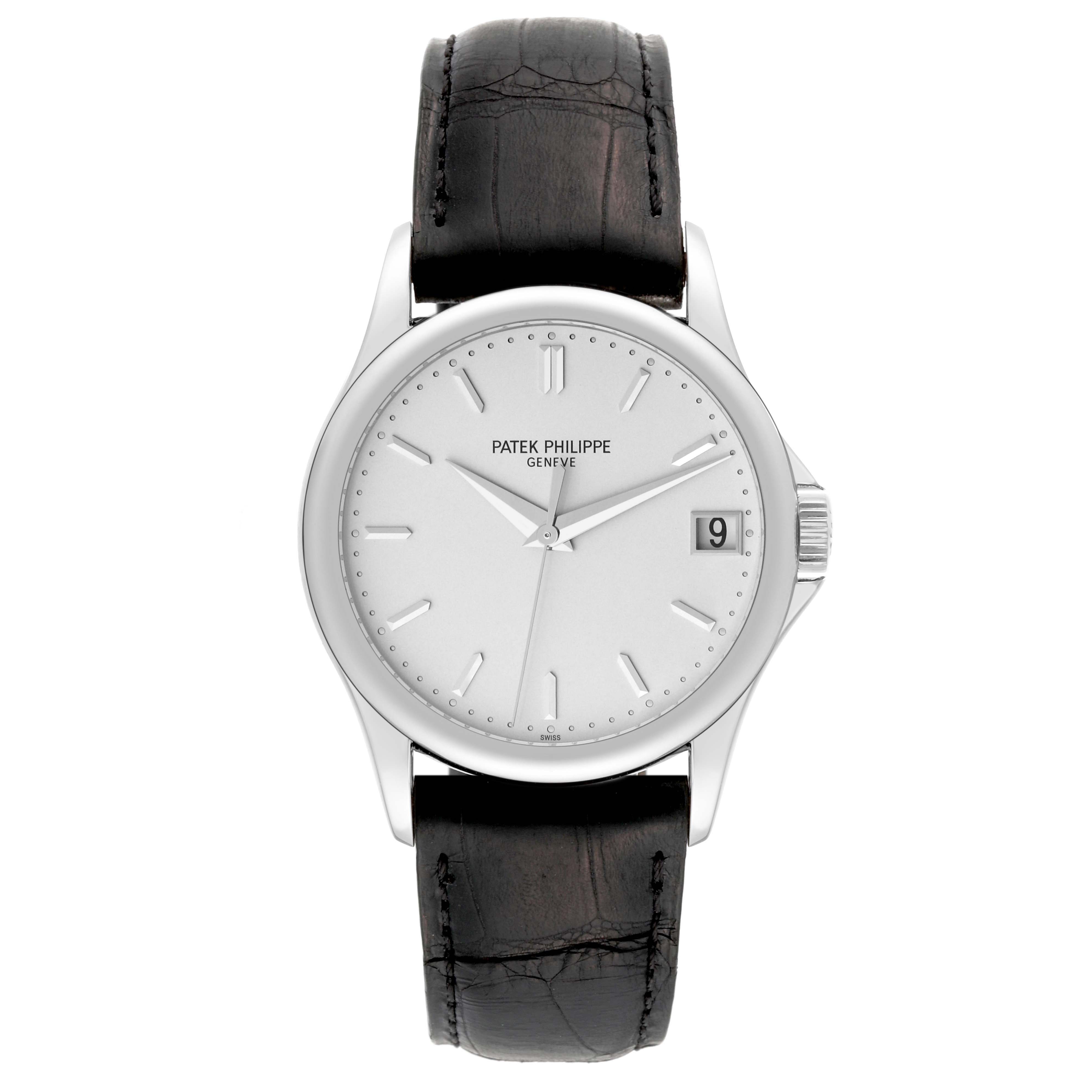This image shows a front view of the Calatrava model by Patek Philippe, highlighting the face, hands, and leather strap.