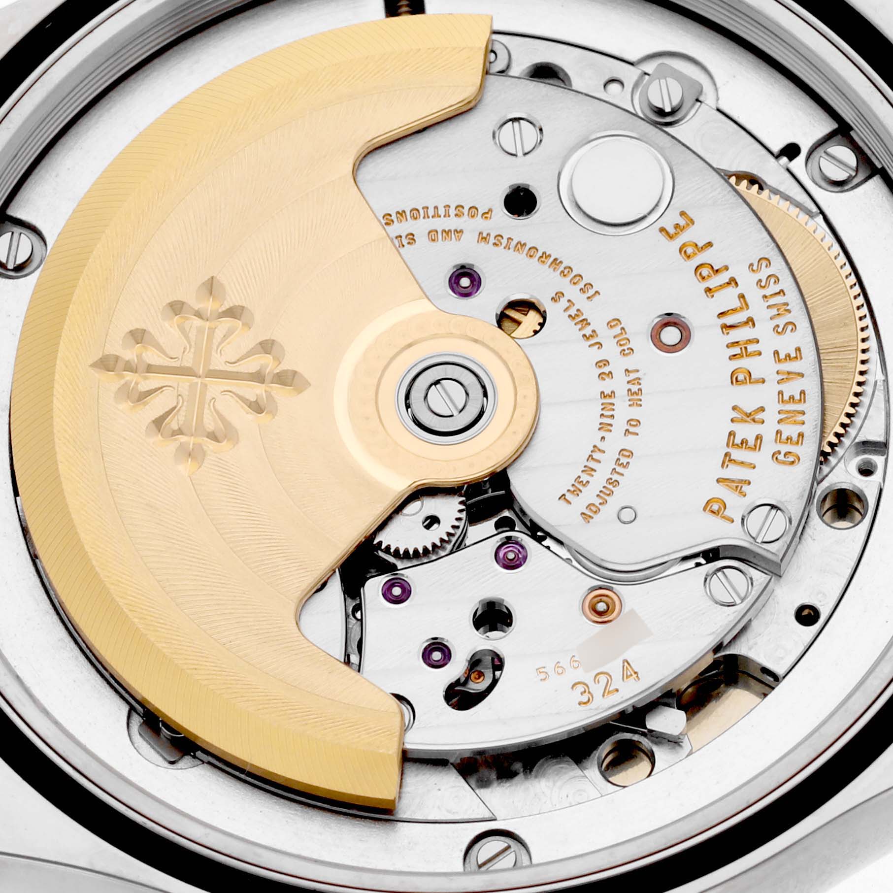 The image shows the movement and rotor mechanism of a Patek Philippe Calatrava 5127G-001 Men's White Gold Silver Dial 5127G-001 Men's White Gold Silver Dial watch from a close-up, top-down angle.