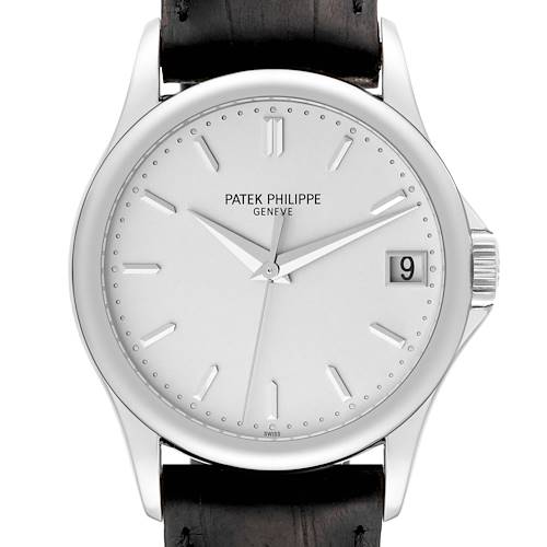 This image shows a front view of the Patek Philippe Calatrava watch, displaying its dial, case, and leather strap.