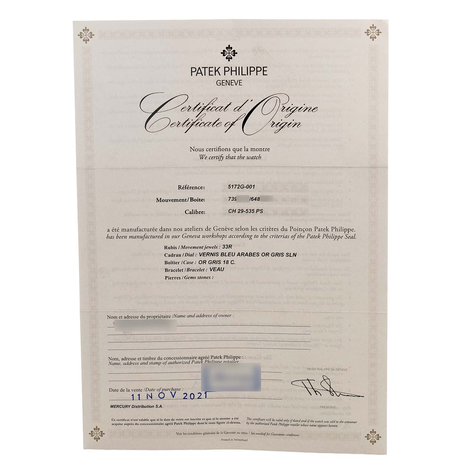 This image shows the Certificate of Origin for a Patek Philippe Complications 5172G-001 Men's White Gold Blue Dial model watch, with reference and caliber details.