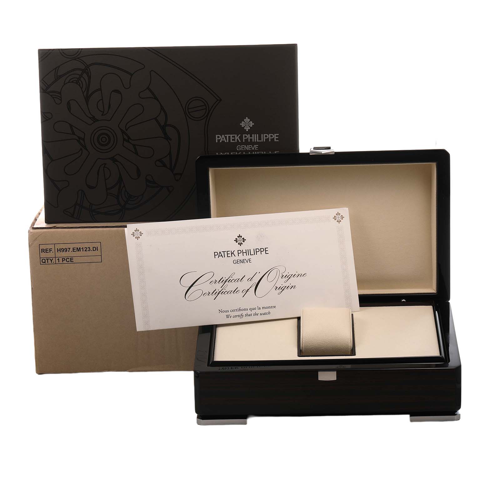 The image shows the packaging and certificate for a Patek Philippe Complications 5172G-001 Men's White Gold Blue Dial watch, including a box and document.