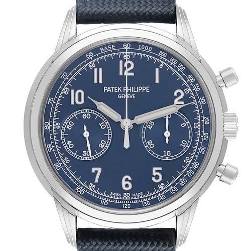 The Patek Philippe Complications 5172G-001 Men's White Gold Blue Dial watch is shown from the front, highlighting the blue dial, subdials, and tachymeter scale.
