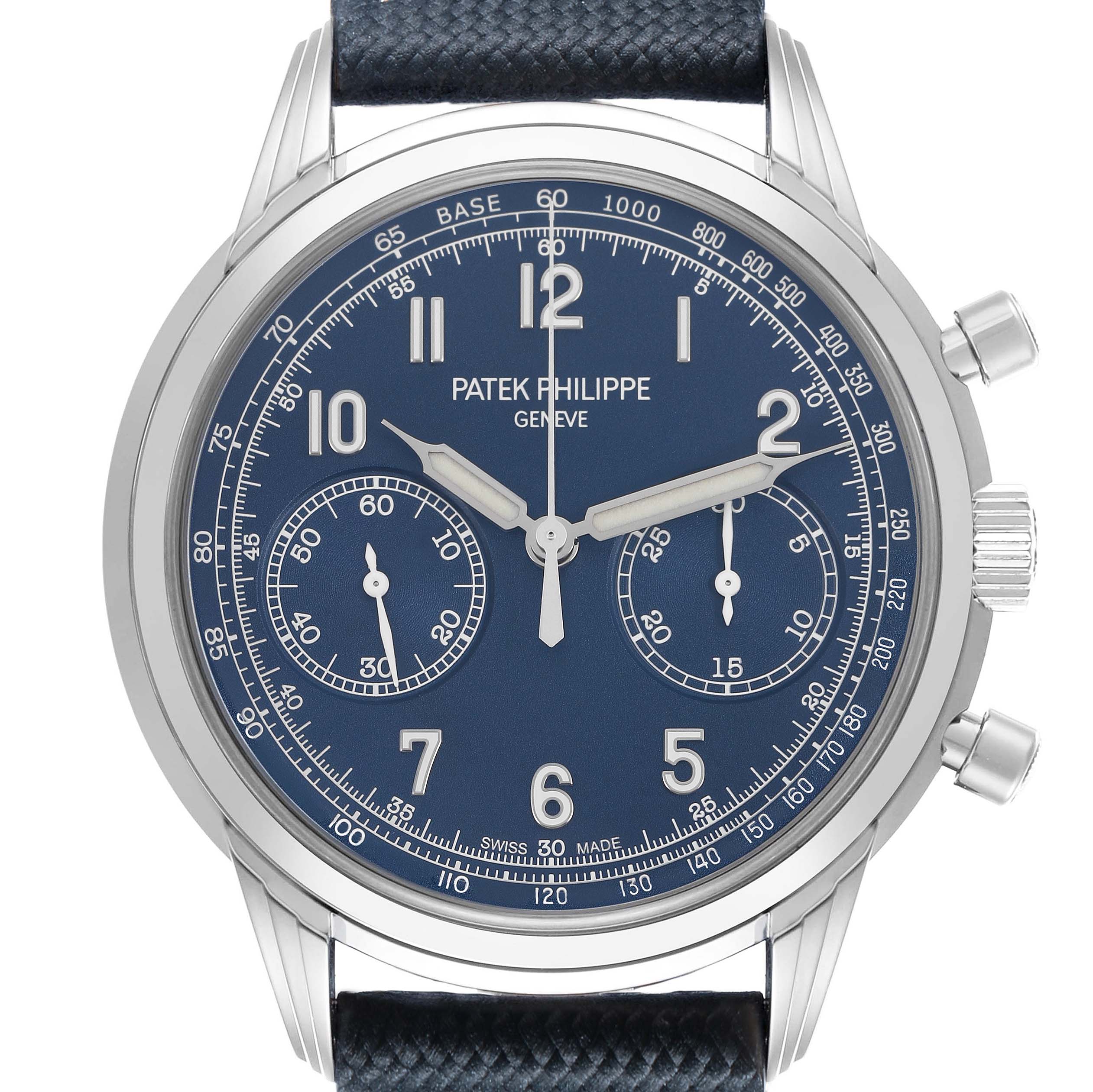 The Patek Philippe Complications 5172G-001 Men's White Gold Blue Dial watch is shown from the front, displaying the dial, subdials, and partial strap.