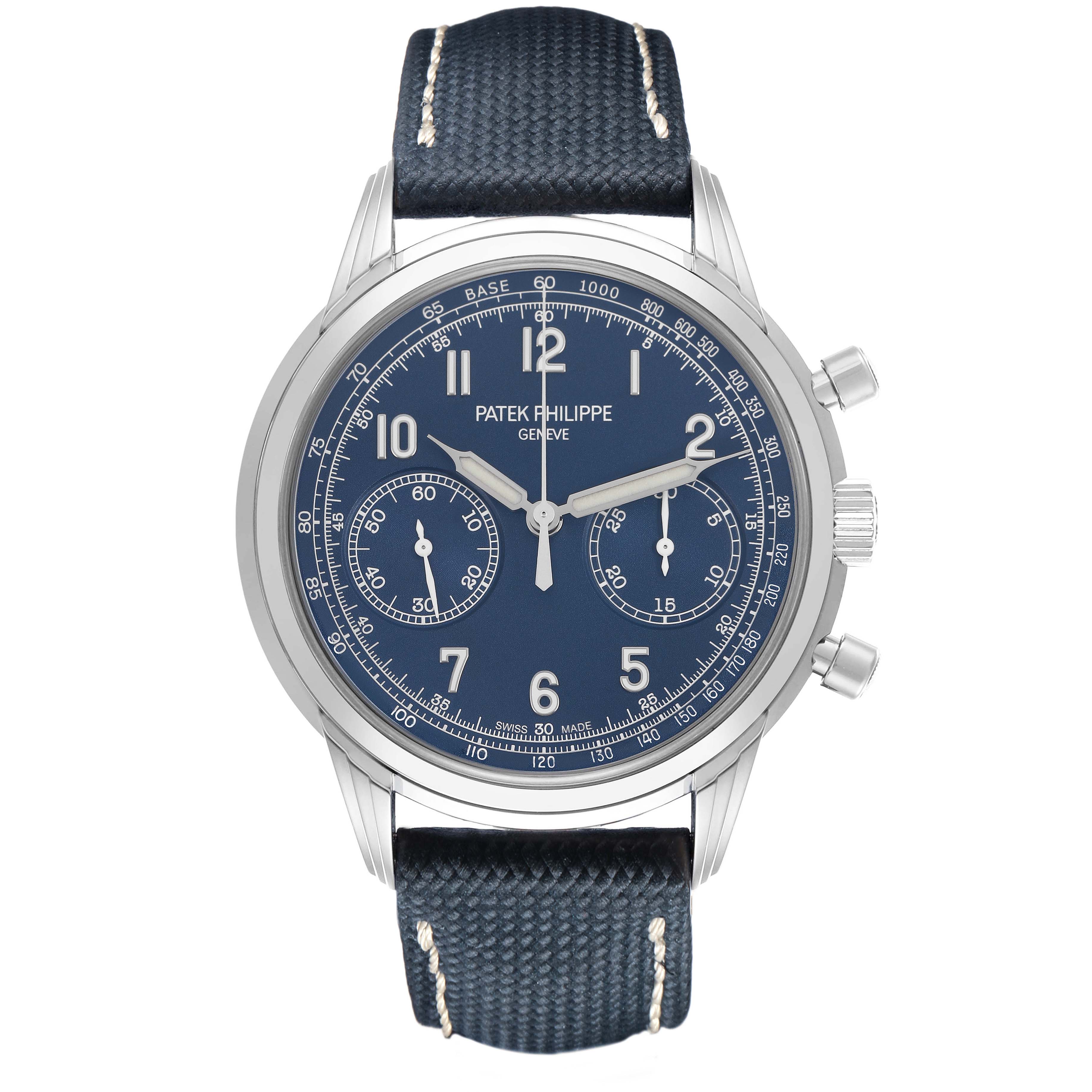 The Patek Philippe Complications 5172G-001 Men's White Gold Blue Dial watch is shown from a front angle, highlighting its blue dial, chronograph subdials, and leather strap.