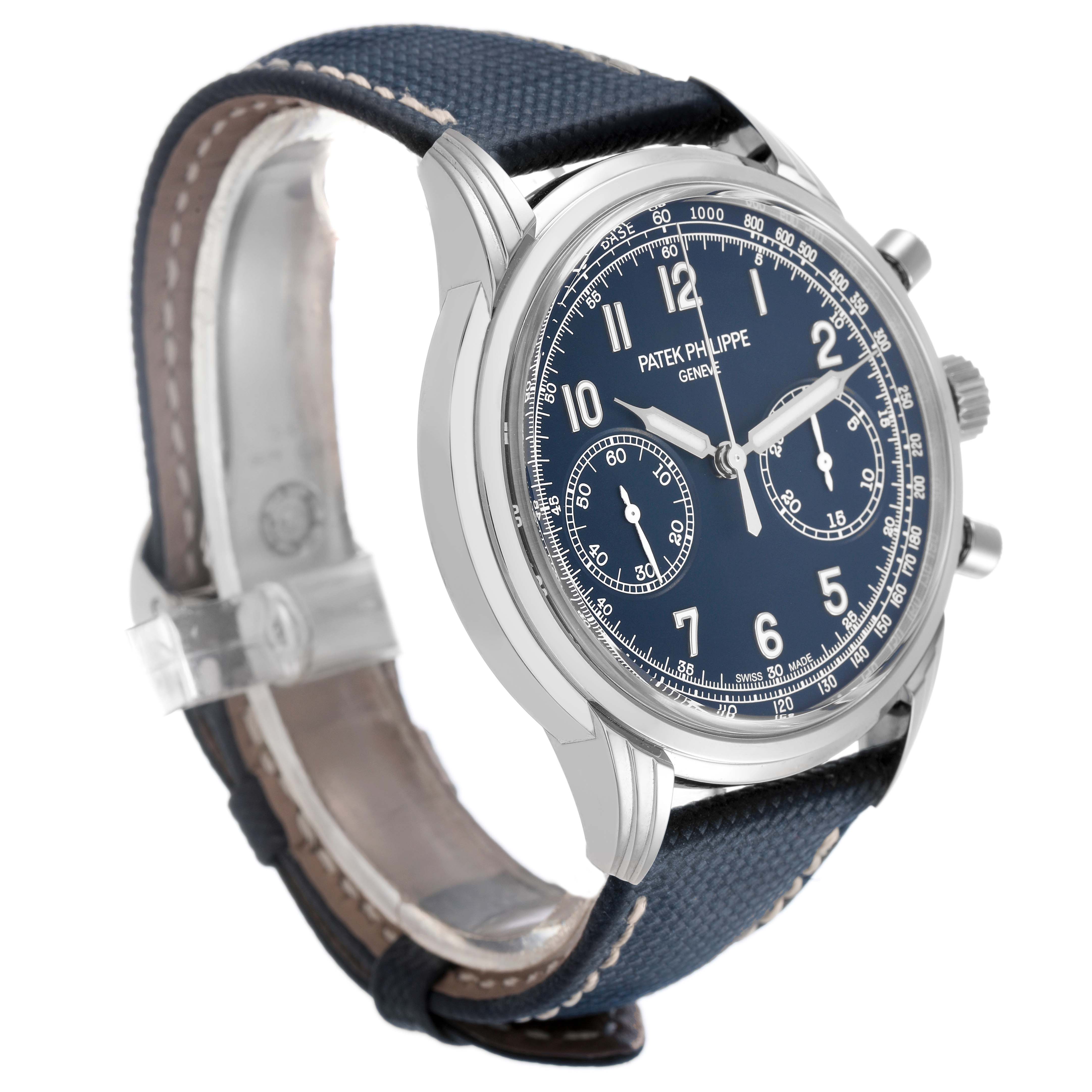 The Patek Philippe Complications 5172G-001 Men's White Gold Blue Dial watch is shown at a three-quarter angle, displaying its face, crown, pushers, and strap.
