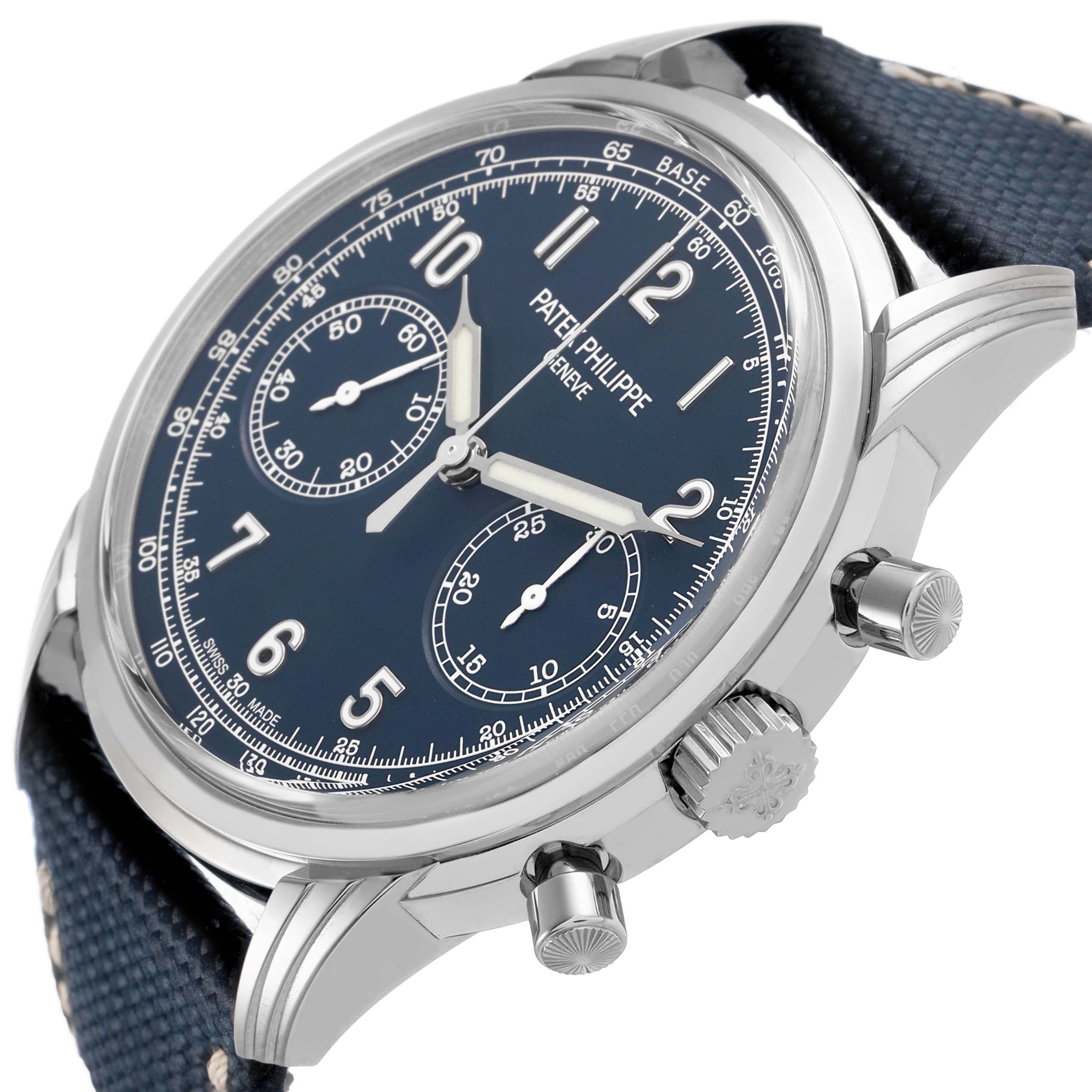 The Patek Philippe Complications 5172G-001 Men's White Gold Blue Dial model is shown at an angled side view, highlighting its dial, bezel, crown, and pushers.