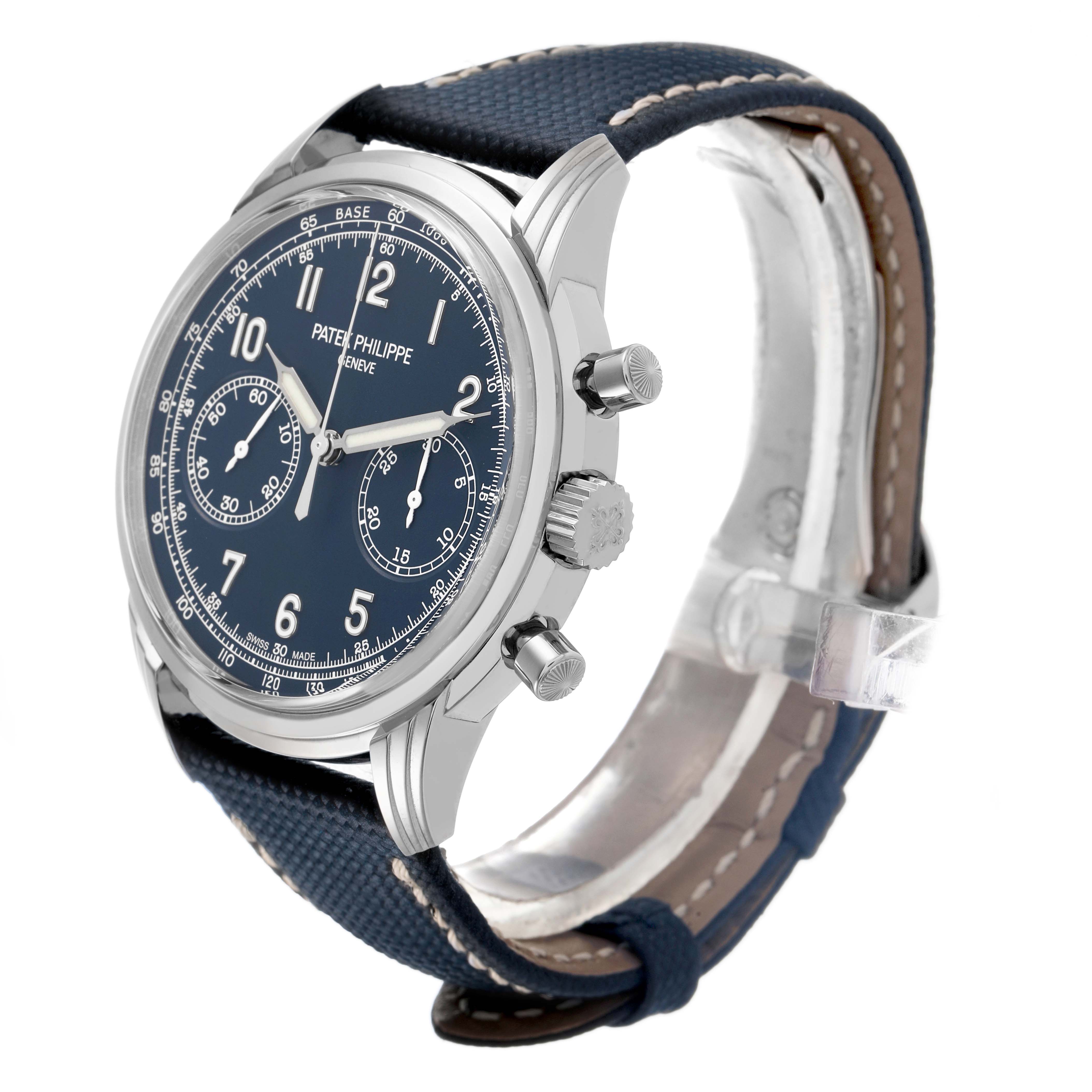 The image shows a Patek Philippe Complications 5172G-001 Men's White Gold Blue Dial watch from a side angle, displaying its face, bezel, crown, pushers, and strap.