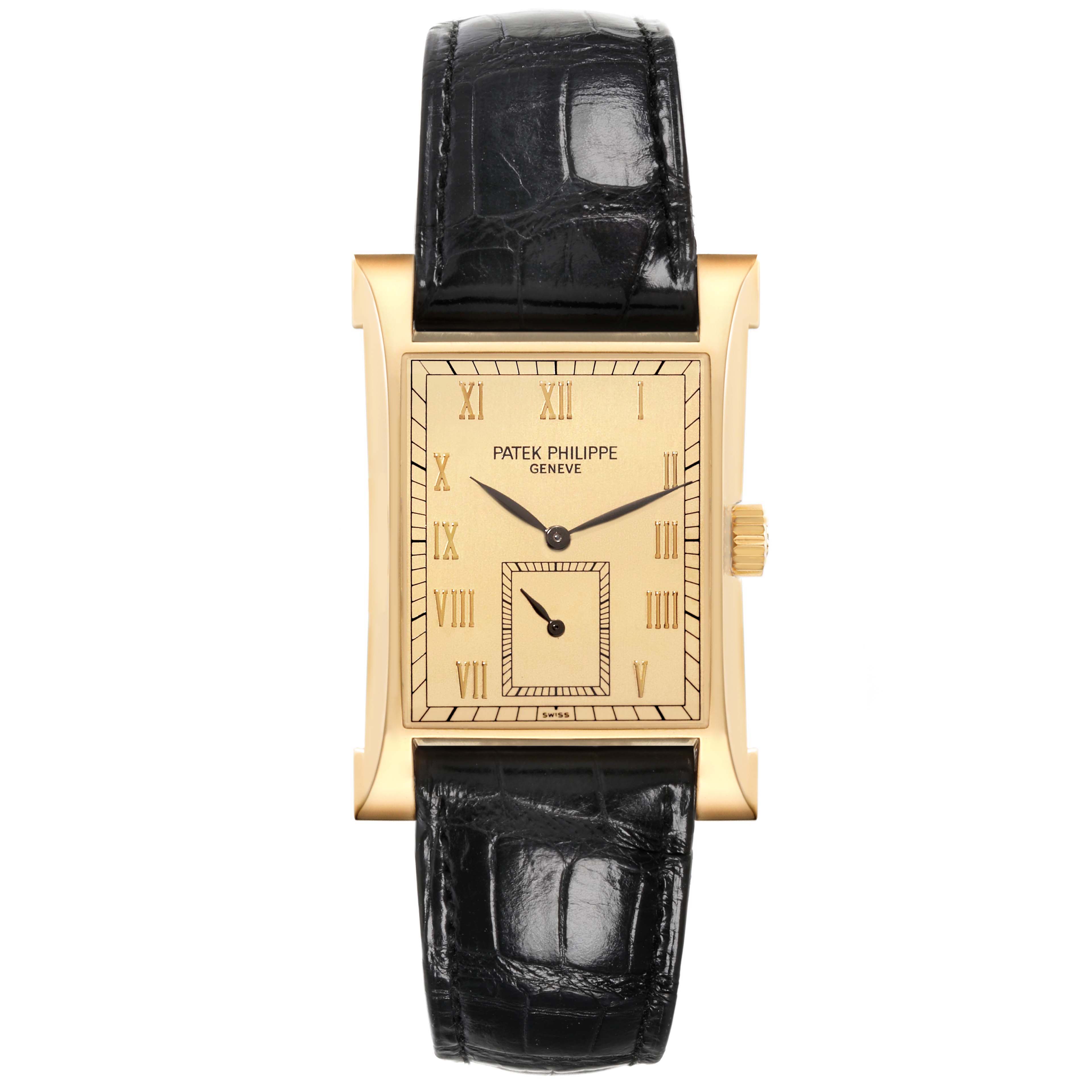 The Patek Philippe Pagoda 5500J Men's Yellow Gold Champagne Dial 5500J Men's Yellow Gold Champagne Dial watch is shown from a top view, displaying the face, bezel, and strap.