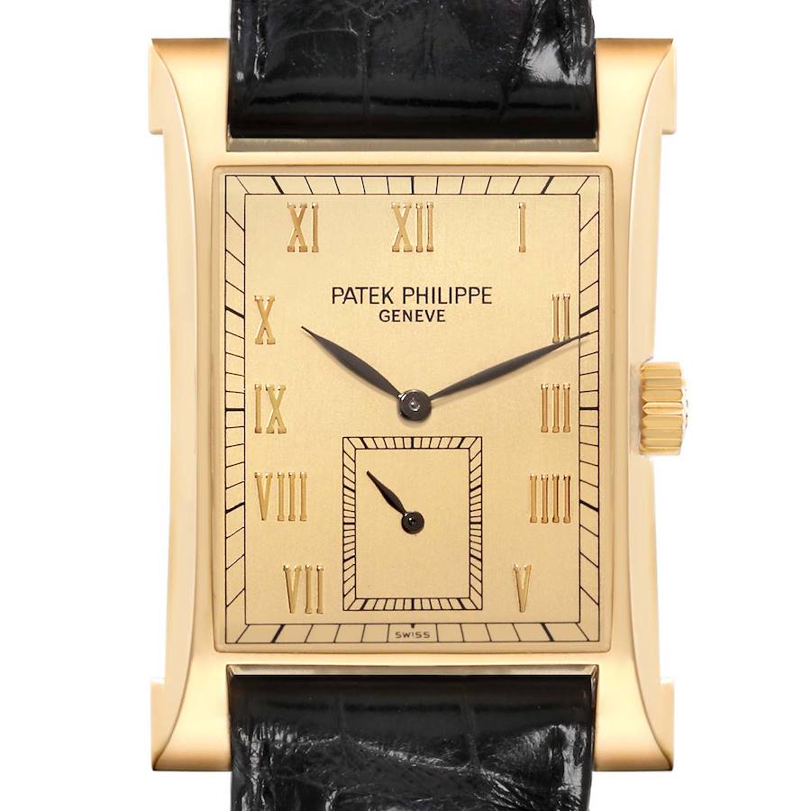 The Patek Philippe Pagoda watch is shown from a frontal angle, displaying the dial, Roman numerals, and crown on the side.