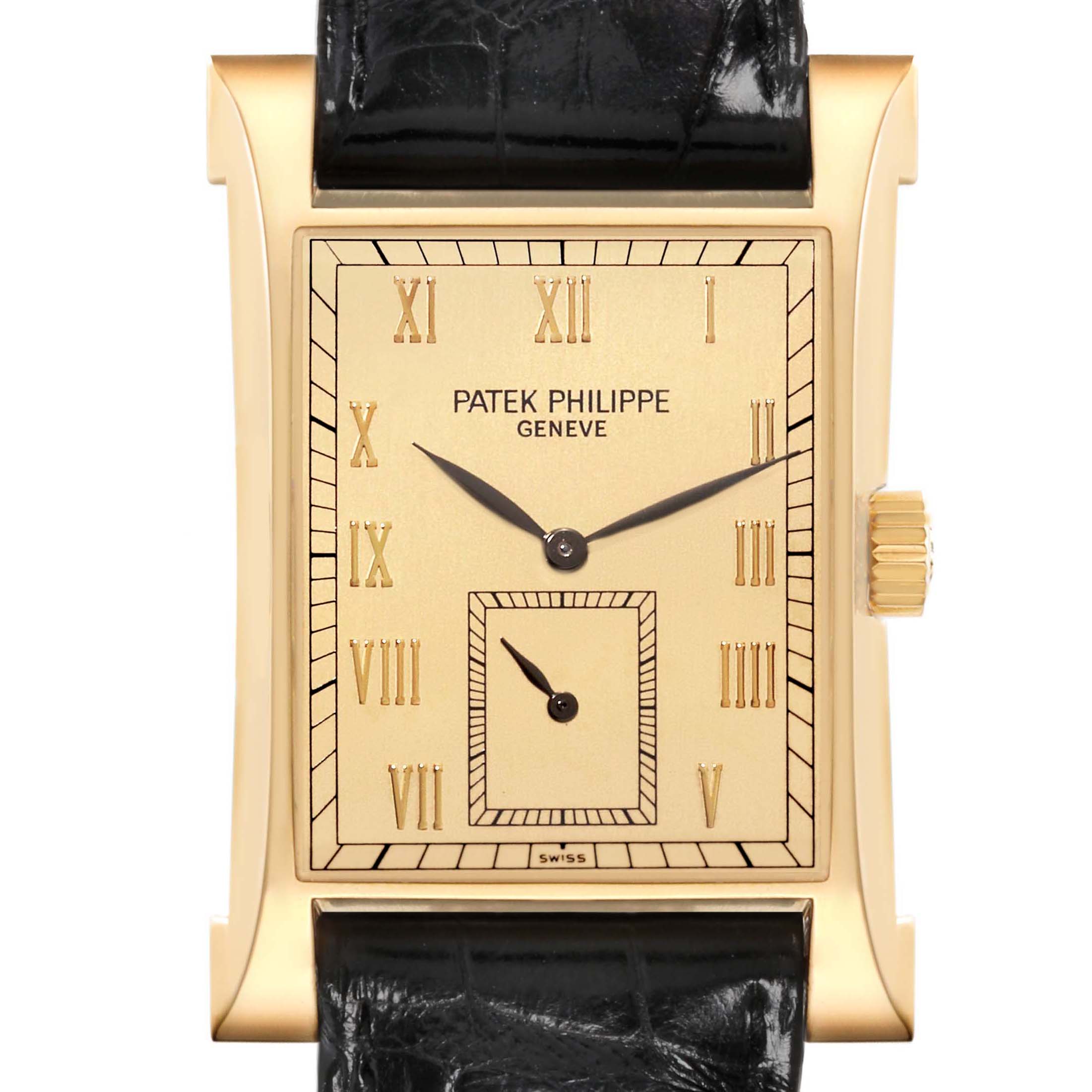 The image shows a front view of the Patek Philippe Pagoda 5500J Men's Yellow Gold Champagne Dial 5500J Men's Yellow Gold Champagne Dial watch, highlighting its rectangular case, dial, and crown.