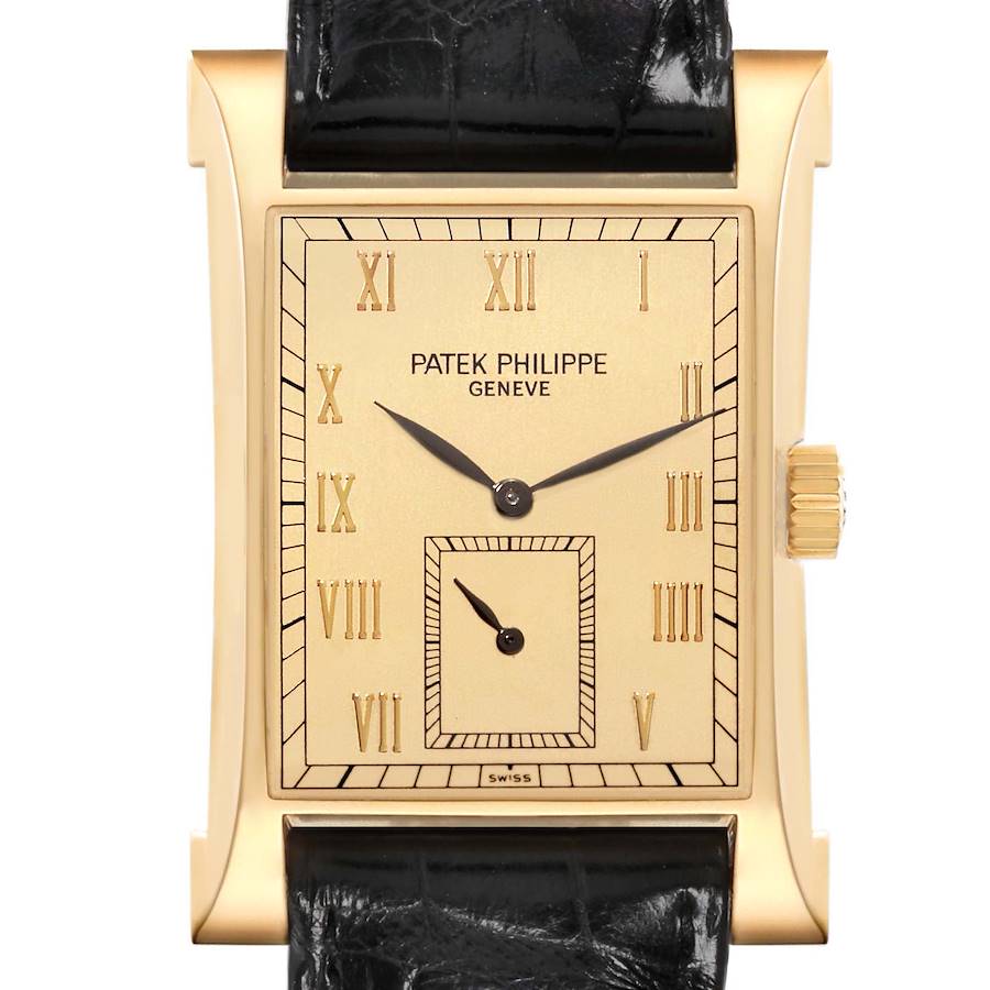 The image shows a front view of the Patek Philippe Pagoda watch, highlighting its rectangular case, dial, and crown.