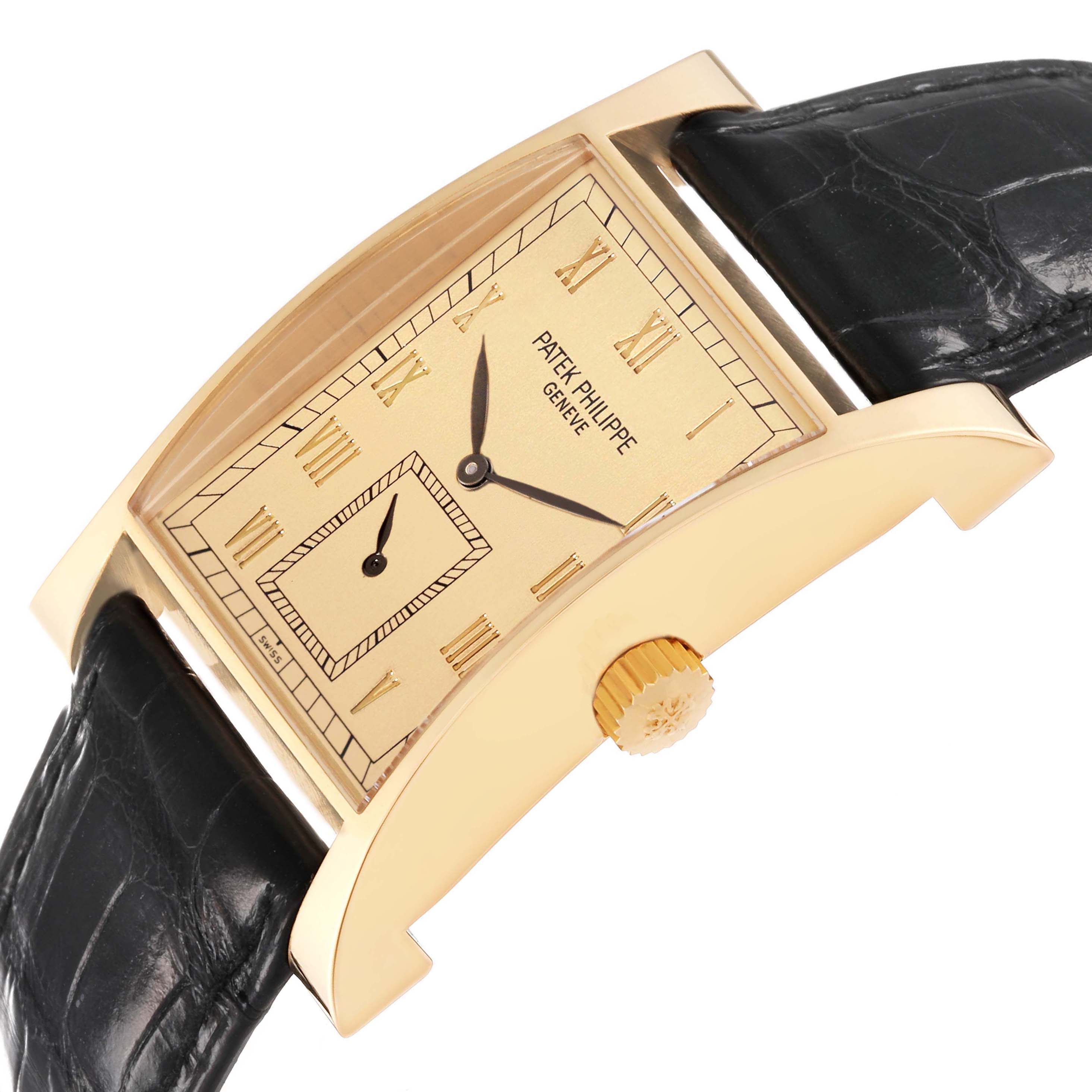 The Pagoda model by Patek Philippe is shown at an angled side view, highlighting the dial, crown, and black strap.