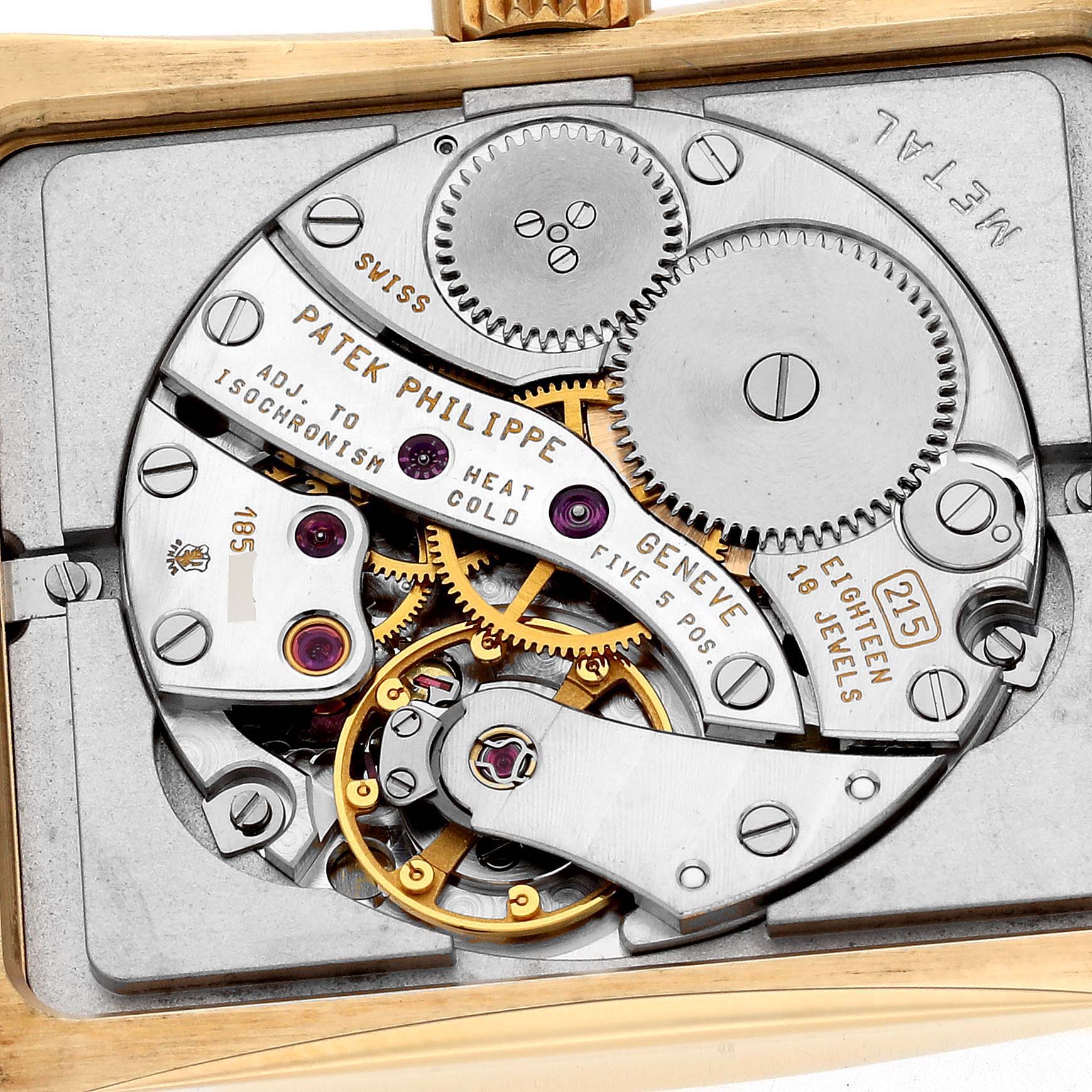This image shows the back view of the internal movement mechanism of the Patek Philippe Pagoda 5500J Men's Yellow Gold Champagne Dial 5500J Men's Yellow Gold Champagne Dial model watch.