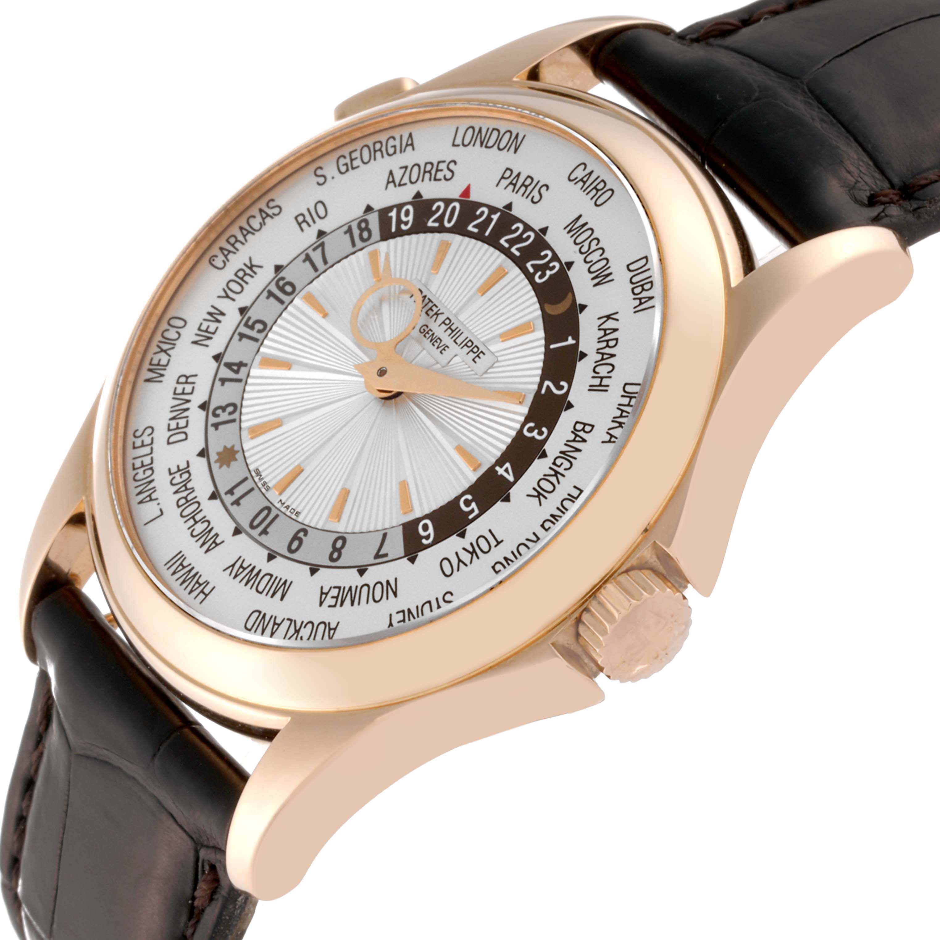 The Patek Philippe Complications 5130R-001 Men
s Rose Gold Silver Dial 5130R-001 Men
s Rose Gold Silver Dial model is shown at a slight side angle, displaying the face, case, crown, and part of the strap.
