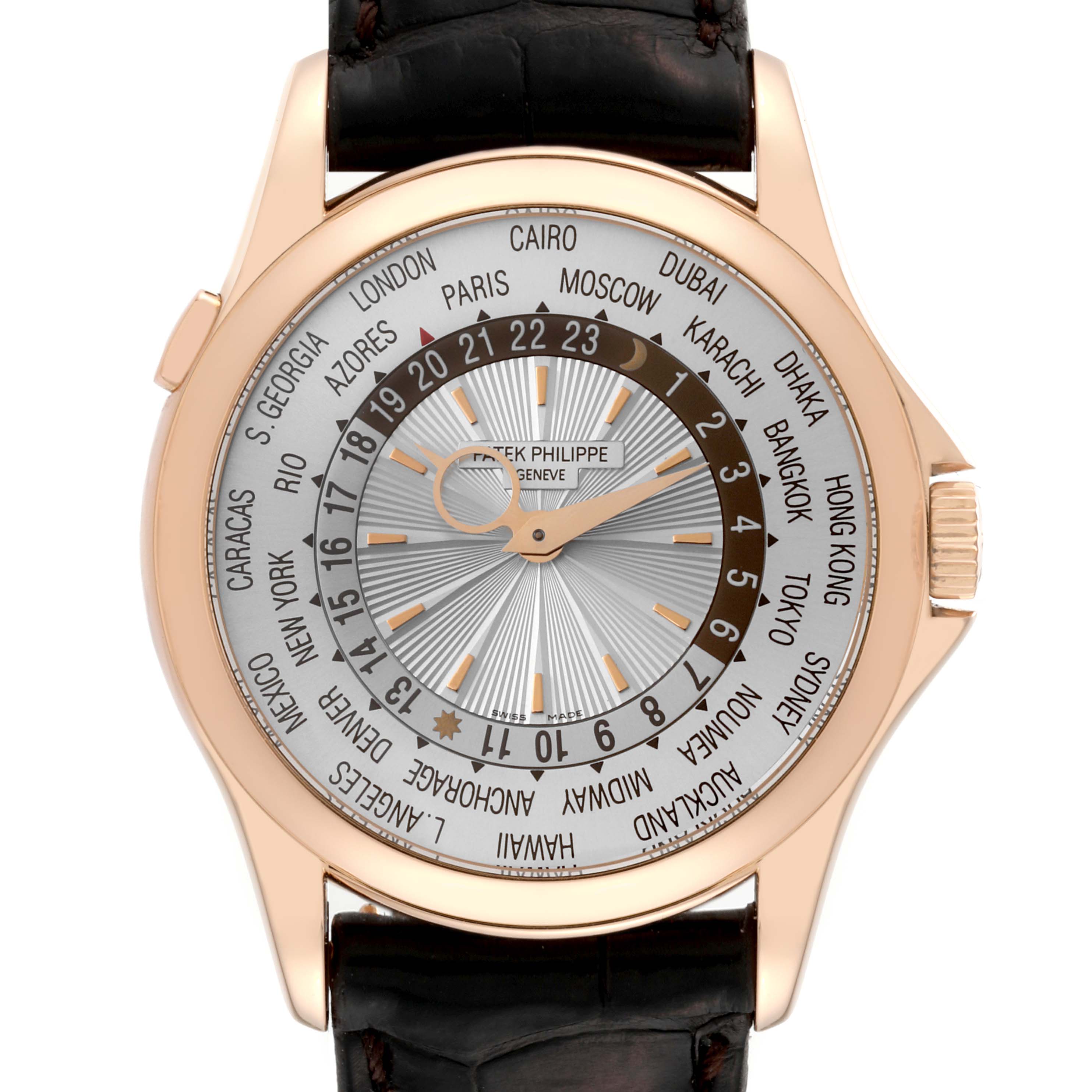 This image shows a front view of a Patek Philippe Complications 5130R-001 Men
s Rose Gold Silver Dial 5130R-001 Men
s Rose Gold Silver Dial watch, highlighting its face, bezel, and part of the leather strap.