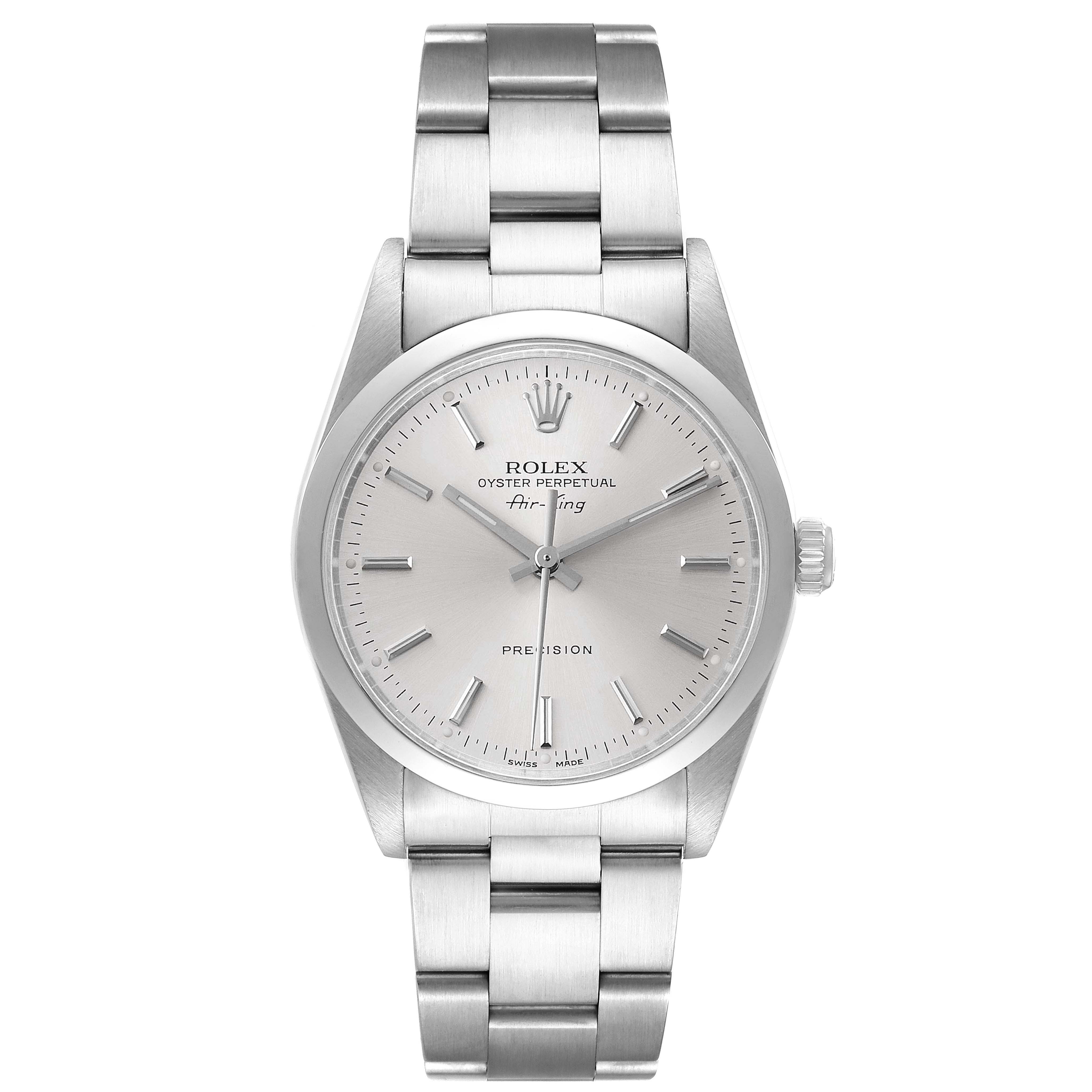 The Rolex Air-King 14000 Men's Stainless Steel Silver Dial 14000 Men's Stainless Steel Silver Dial watch is shown from a straight-on angle, displaying the face, bezel, and bracelet in stainless steel.