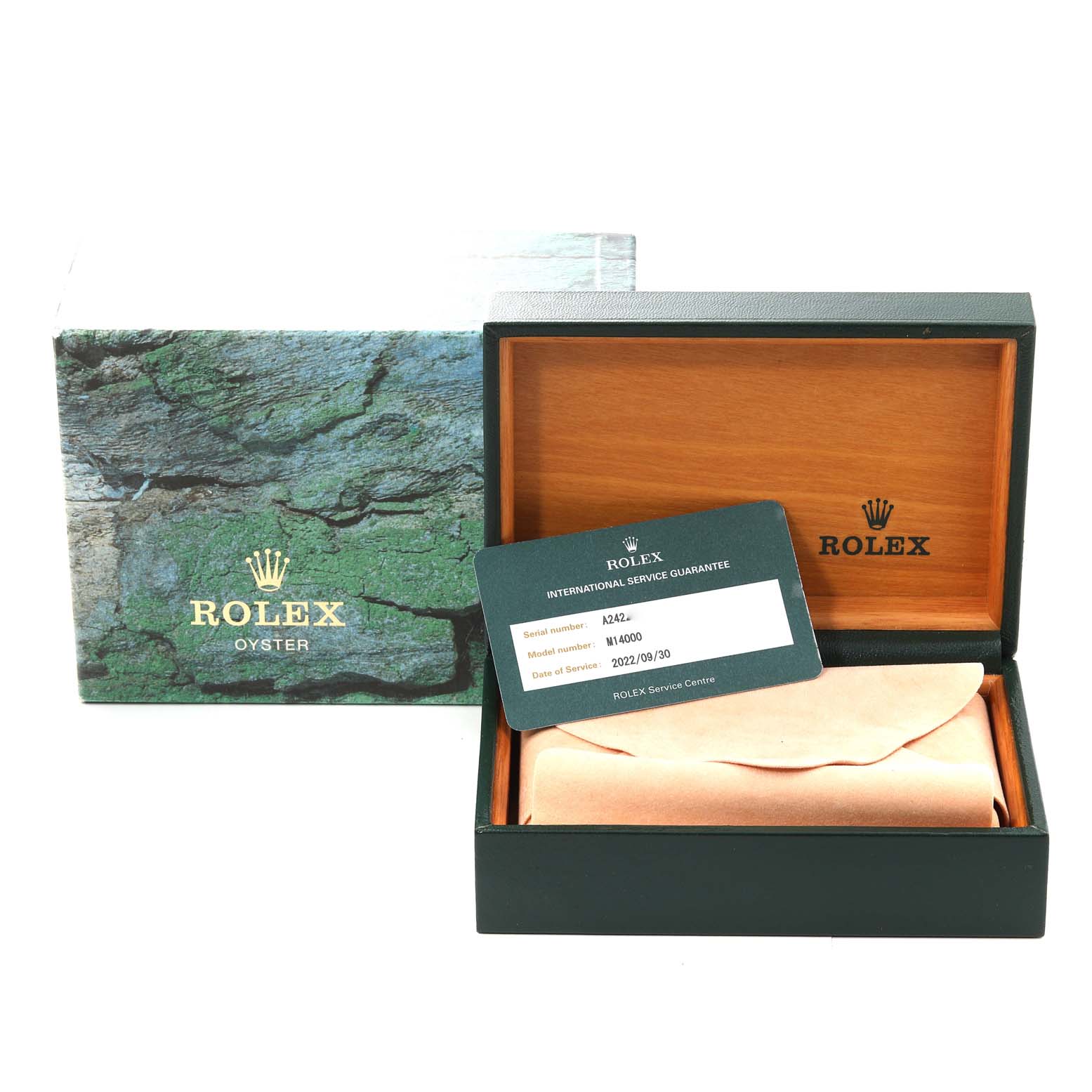 The image shows the packaging, service guarantee card, and inner box for the Rolex Air-King 14000 Men's Stainless Steel Silver Dial 14000 Men's Stainless Steel Silver Dial watch.