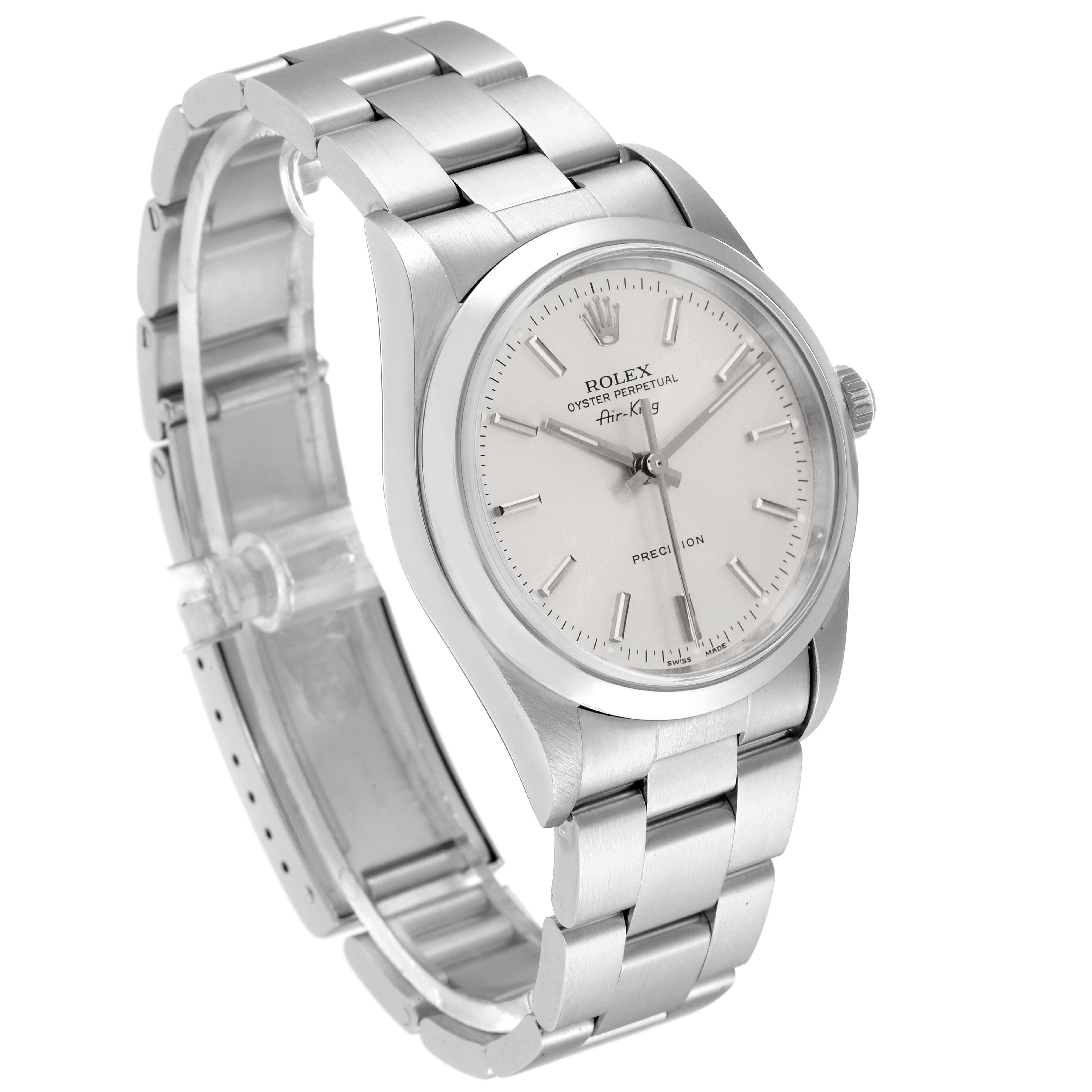 The Rolex Air-King 14000 Men's Stainless Steel Silver Dial 14000 Men's Stainless Steel Silver Dial watch is shown at a three-quarter angle, displaying the face, bezel, and part of the bracelet.