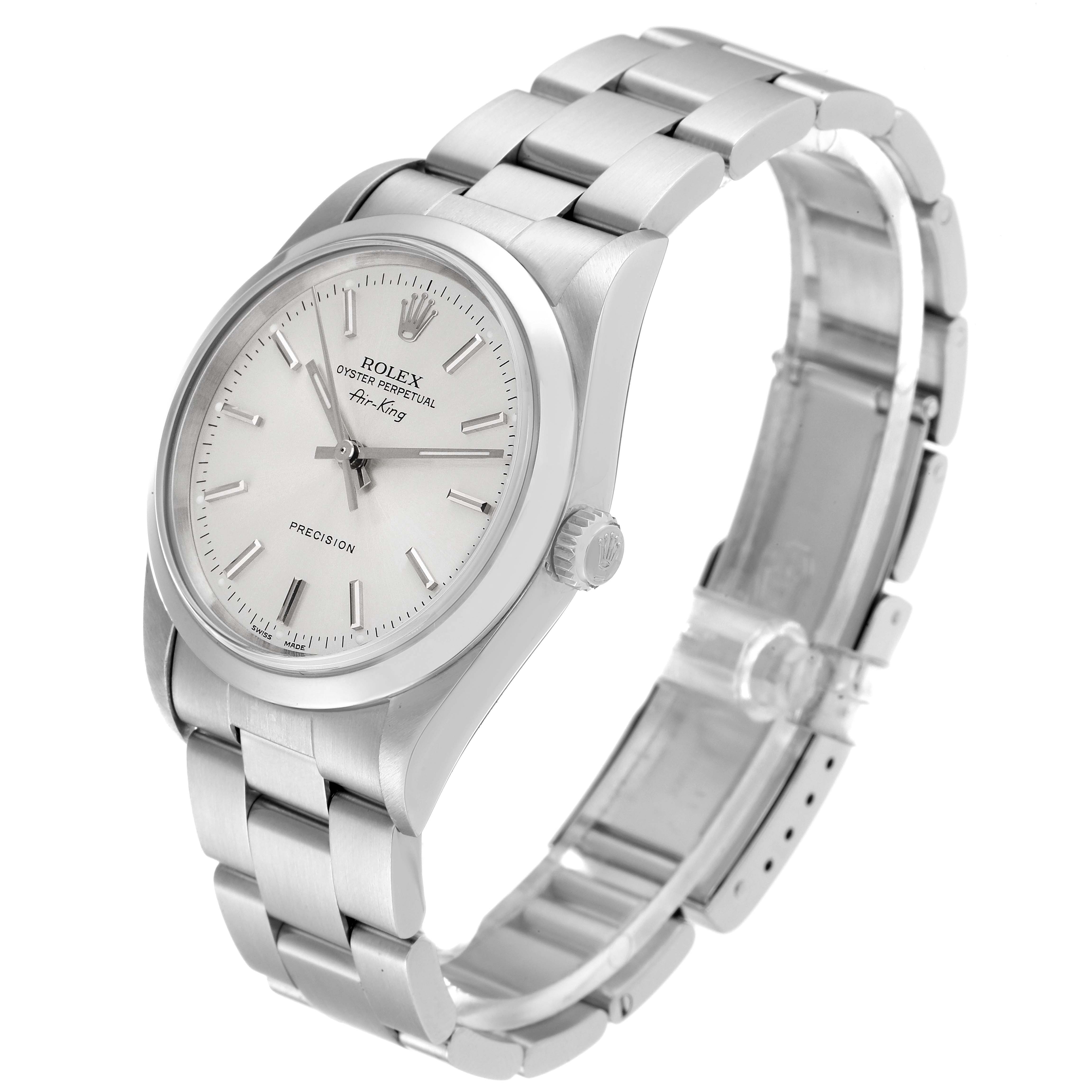 This image shows a side-angle view of a Rolex Air-King 14000 Men's Stainless Steel Silver Dial 14000 Men's Stainless Steel Silver Dial watch, highlighting the dial, crown, and bracelet.