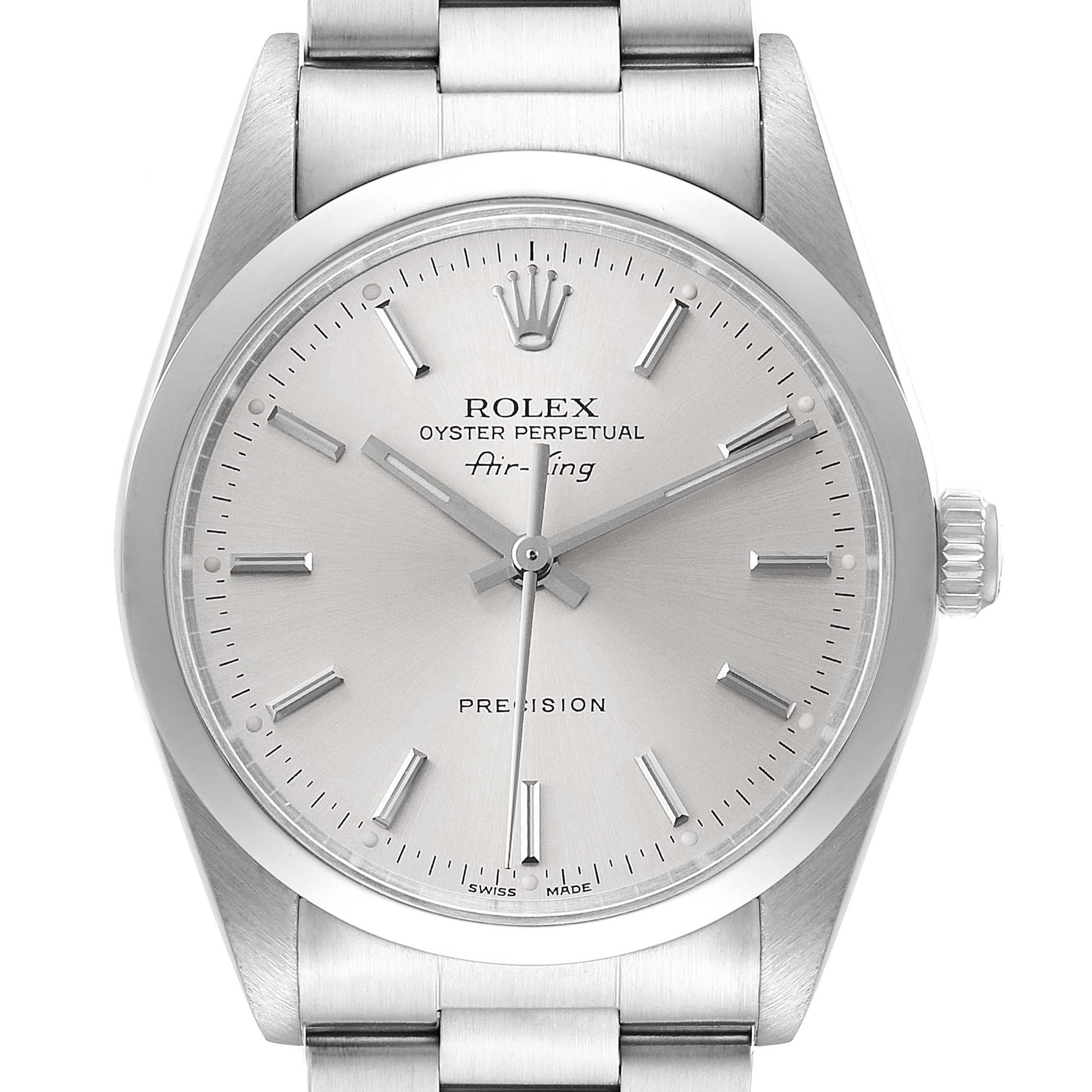 The image shows a front view of a Rolex Air-King 14000 Men's Stainless Steel Silver Dial 14000 Men's Stainless Steel Silver Dial watch, including the face, crown, and part of the bracelet.