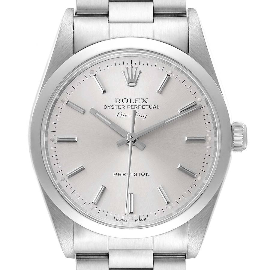 Rolex Air King 34 Silver Dial Smooth Bezel Steel Mens Watch 14000 Box Service Card SwissWatchExpo