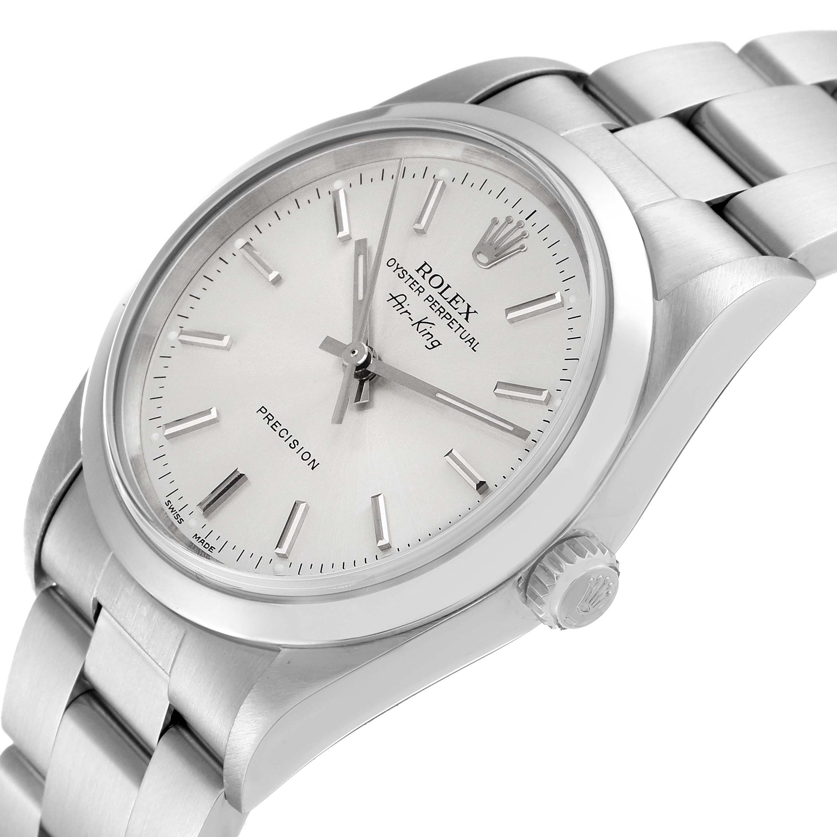 This image shows a Rolex Air-King 14000 Men's Stainless Steel Silver Dial 14000 Men's Stainless Steel Silver Dial watch angled from the top right, highlighting the dial, crown, and part of the bracelet.