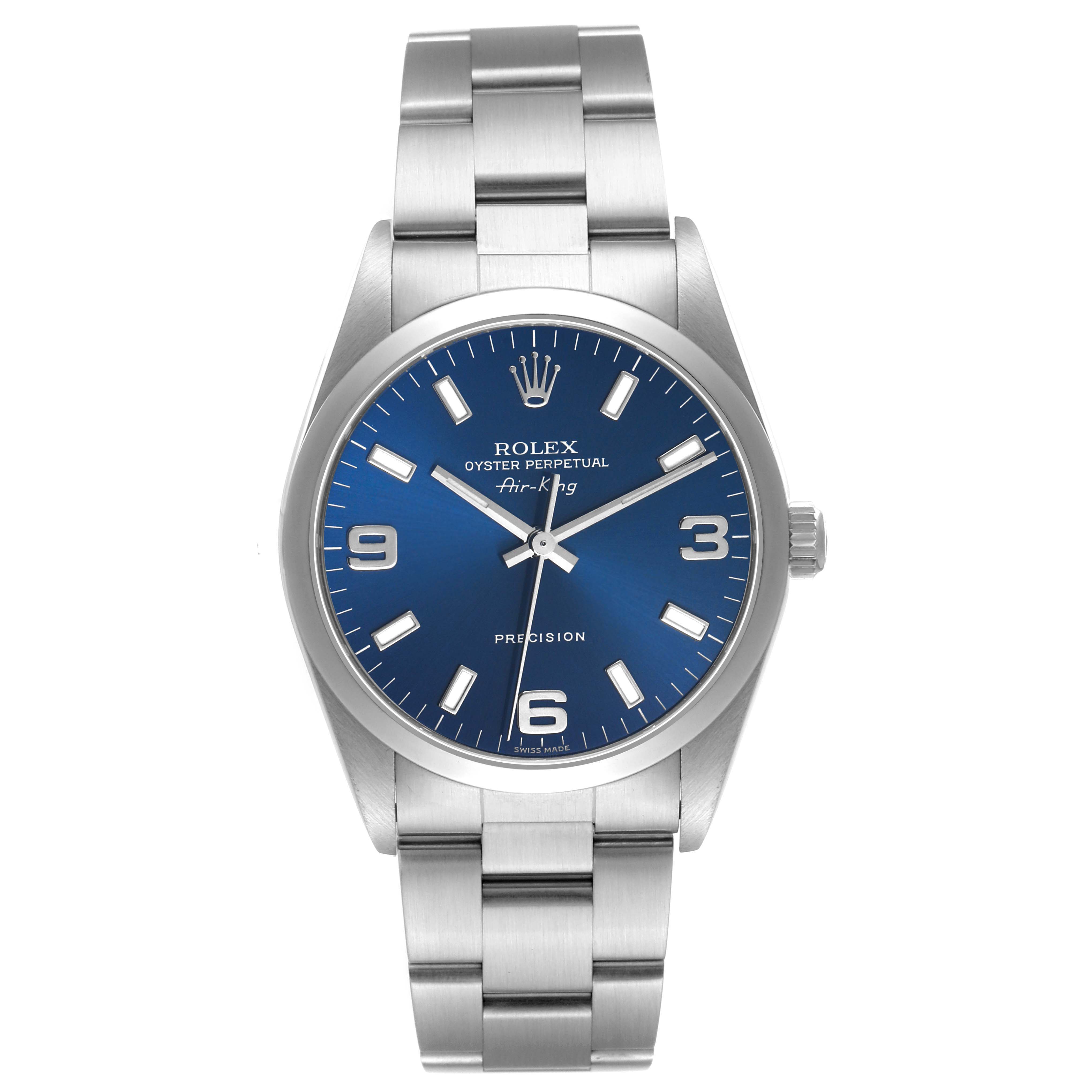 The image shows a front view of the Rolex Air-King 14000 Men's Stainless Steel Black Dial watch, highlighting the blue dial, case, and metal bracelet.