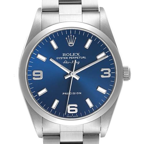 The image shows a frontal view of the Rolex Air-King 14000 Men's Stainless Steel Black Dial watch, highlighting the blue dial, case, and part of the bracelet.