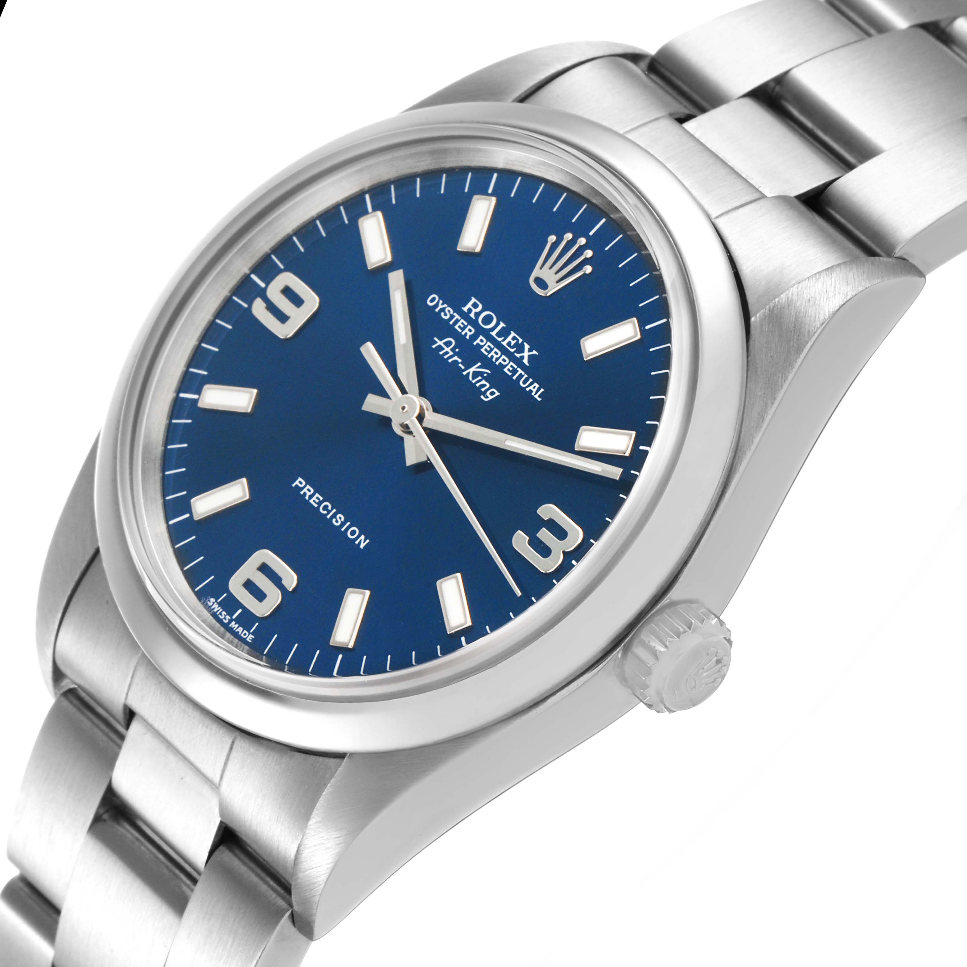 The Rolex Air-King 14000 Men's Stainless Steel Black Dial watch is shown from a side angle, highlighting the blue dial, case, crown, and part of the bracelet.